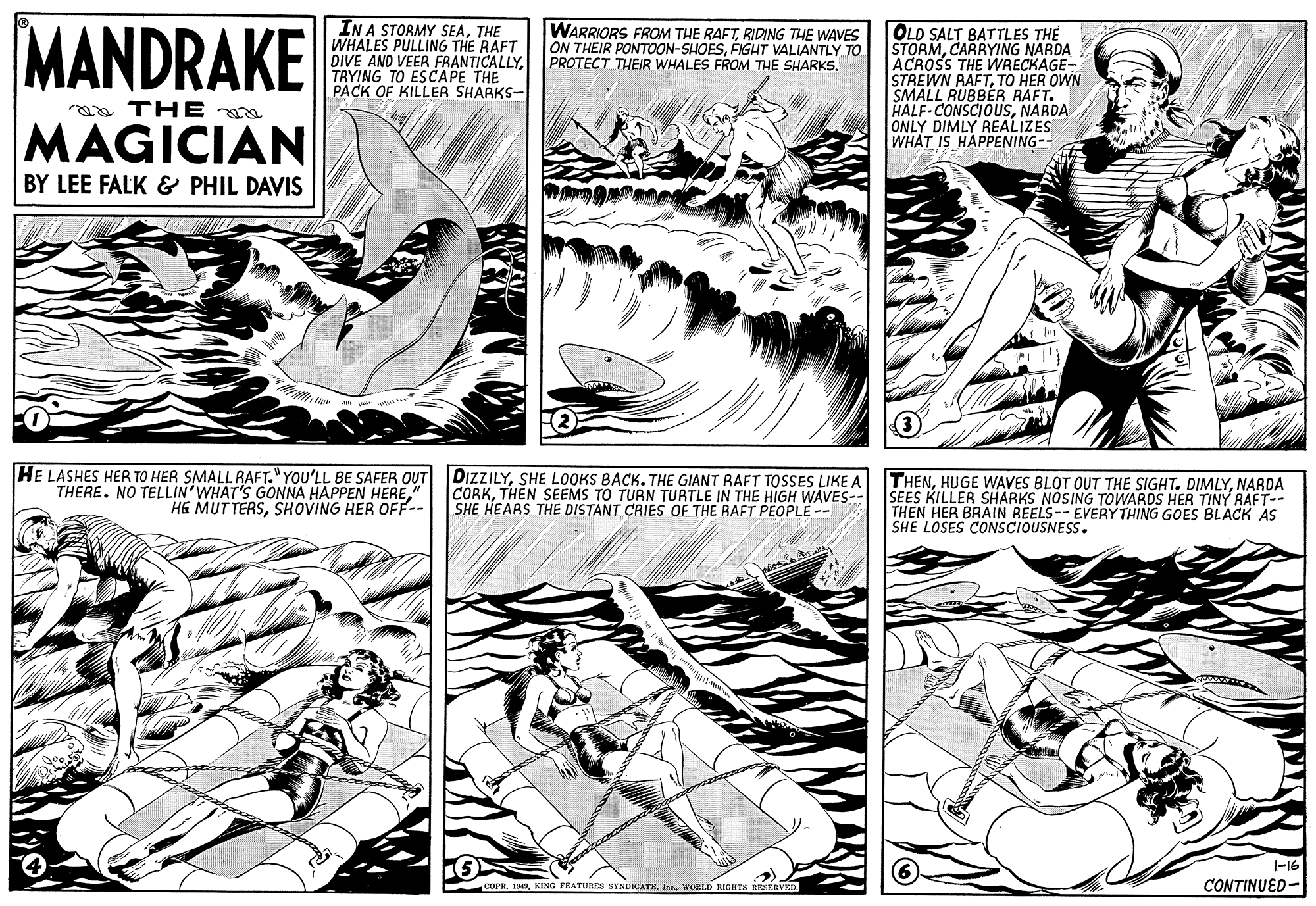 Art OCR: MANDRAKE INA STORMY SEATHE WHALES PULLING THE RAFT DIVE AND VEER FRANTICALLYTRYING TO ESCAPE THE PACK OF KILLER SHARKS- WARRIORS FROM THE RAFTRIDING THE WAVES ON THEIR PONTOON-SHOESFIGHT VALIANTLY TO PROTECT THEIR WHALES FROM THE SHARKS. OLD SALT BATTLES THE STORMCARRYING NARDA ACROSS THE WRECKAGE- STREWN RAFTTO HER OWN SMALL RUBBER RAFT. HALF-CONSCIOUSNARDA ONLY DIMLY REALIZES WHÁT IS HAPPENING-- aa TH E MAGICIAN BY LEE FALK & PHIL DAVIS HE LASHES HER TO HER SMALL RAFT." YOU'LL BE SAFER OUT THERE. NO TELLIN'WHAT'S GONNA HAPPEN HERE" HE MUTTERSSHOVING HER OFF-- DIZZILYSHE LOOKS BACK. THE GIANT RAFT TOSSES LIKE A CORKTHEN SEEMS TO TURN TURTLE IN THE HIGH WAVES-- SHE HEARS THE DISTANT CRIES OF THE RAFT PEOPLE -- THENNARDA SEES KILLER SHARKS NOSING TOWARDS HER TINY RAFT-- THEN HER BRAIN REELS-- EVERYTHING GOES BLACK AS SHE LOSES CONSCIOUSNESS. -16 COPR. 1WORLD RIGHTS RESERVED CONTINUED- MANDRAKE INA STORMY SEATHE WHALES PULLING THE RAFT DIVE AND VEER FRANTICALLYTRYING TO ESCAPE THE PACK OF KILLER SHARKS- WARRIORS FROM THE RAFTRIDING THE WAVES ON THEIR PONTOON-SHOESFIGHT VALIANTLY TO PROTECT THEIR WHALES FROM THE SHARKS. OLD SALT BATTLES THE STORMCARRYING NARDA ACROSS THE WRECKAGE- STREWN RAFTTO HER OWN SMALL RUBBER RAFT. HALF-CONSCIOUSNARDA ONLY DIMLY REALIZES WHÁT IS HAPPENING-- aa TH E MAGICIAN BY LEE FALK & PHIL DAVIS HE LASHES HER TO HER SMALL RAFT." YOU'LL BE SAFER OUT THERE. NO TELLIN'WHAT'S GONNA HAPPEN HERE" HE MUTTERSSHOVING HER OFF-- DIZZILYSHE LOOKS BACK. THE GIANT RAFT TOSSES LIKE A CORKTHEN SEEMS TO TURN TURTLE IN THE HIGH WAVES-- SHE HEARS THE DISTANT CRIES OF THE RAFT PEOPLE -- THENHUGE WAVES BLOT OUT THE SIGHT. DIMLYNARDA SEES KILLER SHARKS NOSING TOWARDS HER TINY RAFT-- THEN HER BRAIN REELS-- EVERYTHING GOES BLACK AS SHE LOSES CONSCIOUSNESS. -16 COPR. 1KING FEATURES SYNDICATEWORLD RIGHTS RESERVED CONTINUED-