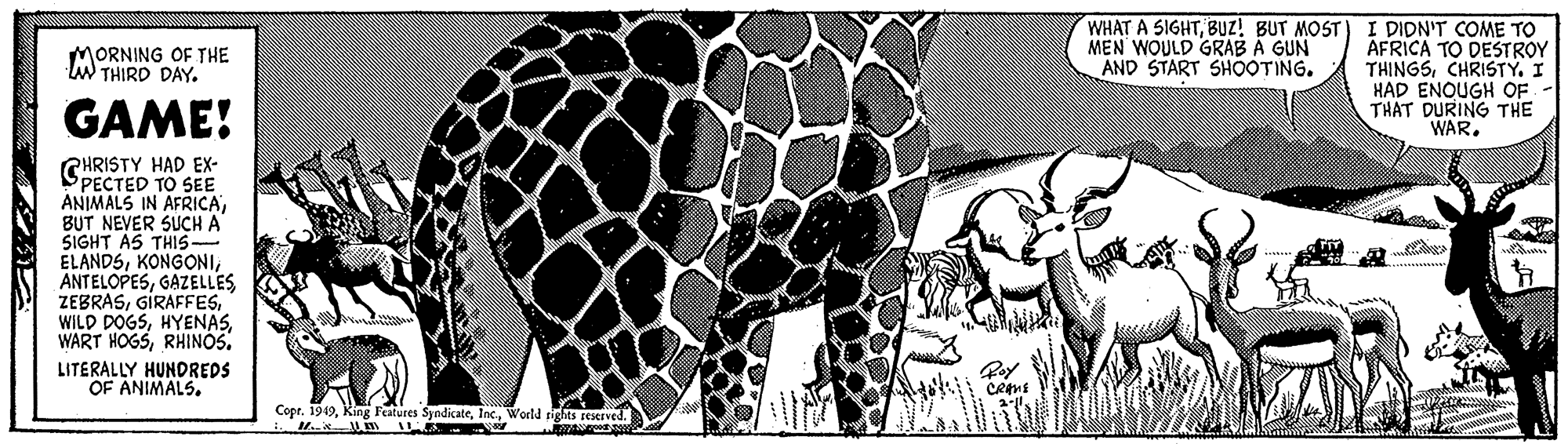 Adaptation OCR: WHAT A SIGHTBUZ! BUT MOST) I DIDN'T COME TO AFRICA TO DESTROY THINGSCHRISTY. I HAD ENOUGH OF THAT DURING THE WAR. MORNING OF THE W THIRD DAY. MEN WOULD GRAB A GUN AND START SHOOTING. GAME! HAD EX- CPECTED TO SEE ANIMALS IN AFRICABUT NEVER SUCH A SIGHT AS THIS ELANDSGAZELLES ZEBRASRHINOS. LITERALLY HUNDREDS OF ANIMALS. Cope. 1949World rights reserved. WHAT A SIGHTBUZ! BUT MOST) I DIDN'T COME TO AFRICA TO DESTROY THINGSCHRISTY. I HAD ENOUGH OF THAT DURING THE WAR. MORNING OF THE W THIRD DAY. MEN WOULD GRAB A GUN AND START SHOOTING. GAME! HAD EX- CPECTED TO SEE ANIMALS IN AFRICABUT NEVER SUCH A SIGHT AS THIS ELANDSGAZELLES ZEBRASWILD DOGSWART HOGSRHINOS. LITERALLY HUNDREDS OF ANIMALS. Cope. 1949King Fatures SyndicateWorld rights reserved.