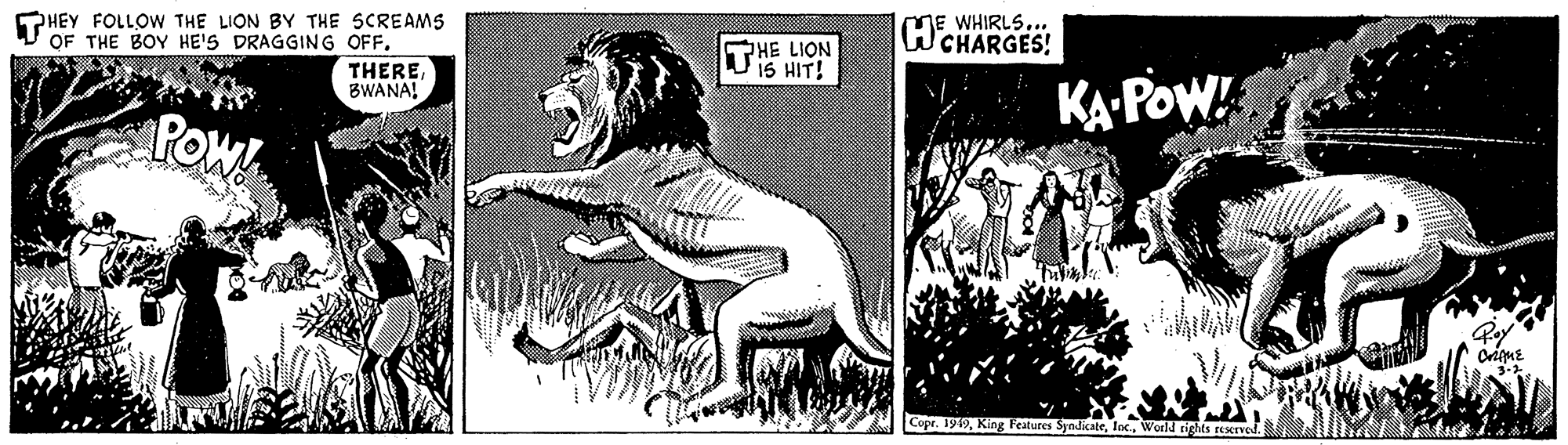 Fictional character OCR: WHIRLS... WCHARGES! HEY FOLLOW THE LION BY THE SCREAMS OF THE BOY HE'S DRAGGING OFF. THEREBWANA! THE LION 15 HIT! KA PoW! POW Copr. 1919World tights EEserved. WHIRLS... WCHARGES! HEY FOLLOW THE LION BY THE SCREAMS OF THE BOY HE'S DRAGGING OFF. THEREBWANA! THE LION 15 HIT! KA PoW! POW Copr. 1919King Fealures SyndicateWorld tights EEserved.