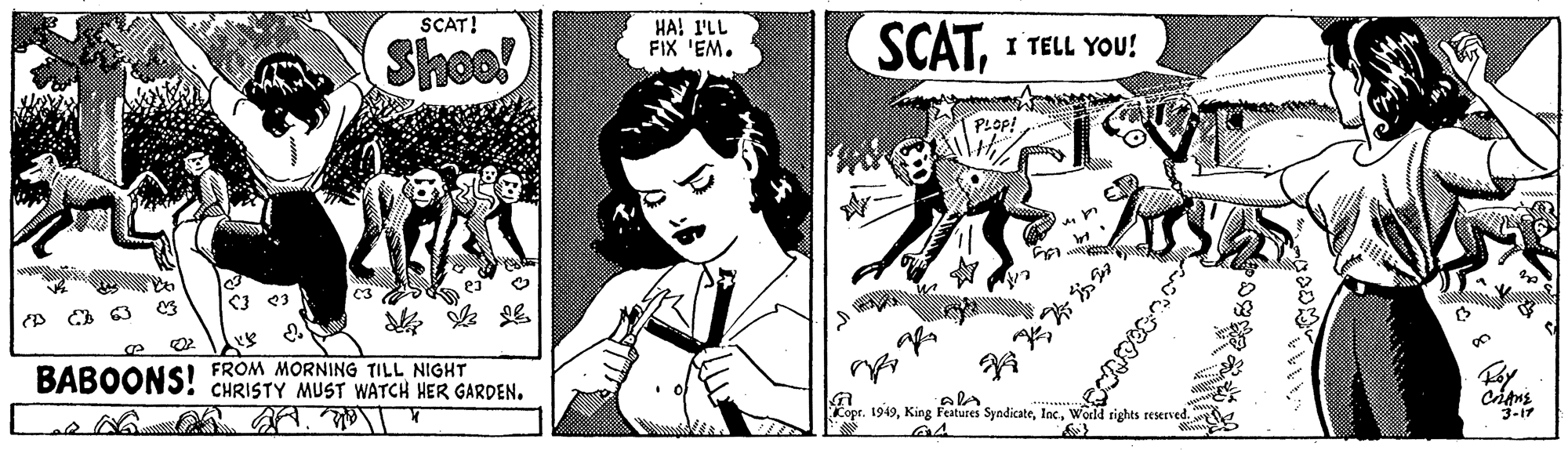 Line art OCR: SCAT! Shoo! HA! I'LL FIX 'EM. SCATI TELL YOU! PLOP! C 63 FROM MORNING TILL NIGHT BABOONS! CHRISTY MUST WATCH HER GARDEN. ???? Copr. 1949wold rights reserved. 3-17 SCAT! Shoo! HA! I'LL FIX 'EM. SCATI TELL YOU! PLOP! C 63 FROM MORNING TILL NIGHT BABOONS! CHRISTY MUST WATCH HER GARDEN. ? ? ? ? Copr. 1949King Features Syndicatewold rights reserved. 3-17