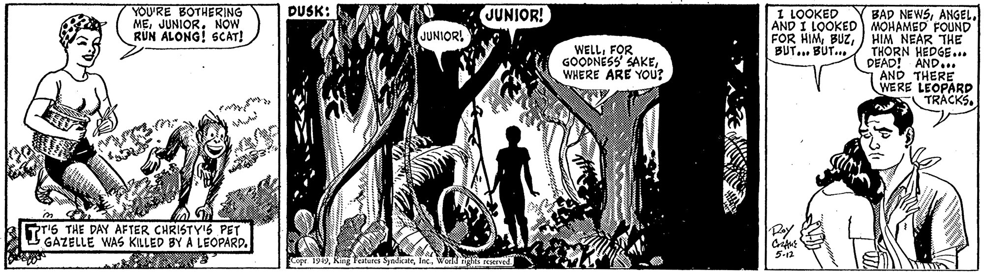Visual arts OCR: YOU'RE BOTHERING MENOW RUN ALONG! SCAT! DUSK: JUNIOR! I LOOKED BAD NEWSAND I LOOKED MOHAMED FOUND FOR HIM) HIM NEAR THE THORN HEDGE... DEAD! AND... AND THERE WERE LEOPARD TRACKS. JUNIORBUT... BUT.. WELLFOR GOODNESS' SAKEWHERE ARE YOU? PT'6 THE DAY AFTER CHRISTY'S PET GAZELLE WAS KILLED BY A LEOPARP. Day 5-12 Copr. 1949World nigts reserved. YOU'RE BOTHERING MENOW RUN ALONG! SCAT! DUSK: JUNIOR! I LOOKED BAD NEWSAND I LOOKED MOHAMED FOUND FOR HIM) HIM NEAR THE THORN HEDGE... DEAD! AND... AND THERE WERE LEOPARD TRACKS. JUNIORBUT... BUT.. WELLFOR GOODNESS' SAKEWHERE ARE YOU? PT'6 THE DAY AFTER CHRISTY'S PET GAZELLE WAS KILLED BY A LEOPARP. Day 5-12 Copr. 1949King Features SyndicateWorld nigts reserved.