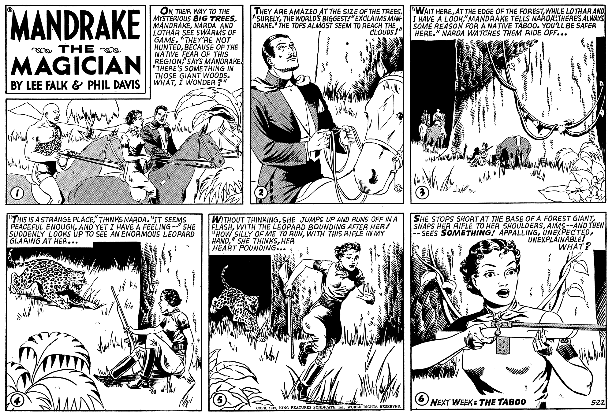 Cartoon OCR: MANDRAKE ON THEIR WAY TO THE MYSTERIOUS BIG TREESNARDA AND LOTHAR SEE SWARMS OF GAME. "THEY'RE NOT HUNTEDBECAUSE OF THE NATIVE FEAR OF THIS REGION SAYS MANDRAKE. "THERE'S SOME THING IN THOSE GIANT WOODS. WHATÍI WONDER THEY ARE AMAZED AT THE SIZE OF THE TREES. "WAIT HEREWHILE LOTHARAND "SURELYTHE WORLD'S BIGGEST!"EXCLAIMS MAN DRAKE." THE TOPS ALMOST SEEM TO REACH THE I HAVE A LOOK"MANDRAKE TELLS NAÁDA"THERES ALWAYS SOME REASON FOR A NATIVE TABOO. YOU'LL BE SAFER HERE." NARDA WATCHES THEM RIDE OFF... CLOUDS!" a THE a MAGICIAN BY LEE FALK & PHIL DAVIS "THIS IS A STRANGE PLACETHINKS NARDA. "IT SEEMS PEACEFUL ENOUGHAND YET I HAVE A FEELING--" SHE SUDDENLY LOOKS UP TO SEE AN ENORMOUS LEOPARD GLARING AT HER... WITHOUT THINKINGSHE JUMPS UP AND RUNS OFF IN A FLASHWITH THE LEOPARD 8OUNDING AFTER HER! "HOW SILLY OE ME TO RUNWITH THIS RIFLE IN MY HANDHER HEART POUNDING... SHE STOPS SHORT AT THE BASE OF A FOREST GIANTAIMS--AND THEN -- SEES SOMETHING! APPALLINGUNEXPLAINABLE! WHAT? 6 NEXT WEEK: THE TABOO 5-22 COPE. 19KING SYNDICATEWORLD RIGIHT REJERVED. MANDRAKE ON THEIR WAY TO THE MYSTERIOUS BIG TREESNARDA AND LOTHAR SEE SWARMS OF GAME. "THEY'RE NOT HUNTEDBECAUSE OF THE NATIVE FEAR OF THIS REGION SAYS MANDRAKE. "THERE'S SOME THING IN THOSE GIANT WOODS. WHATÍI WONDER THEY ARE AMAZED AT THE SIZE OF THE TREES. "WAIT HEREAT THE EDGE OF THE FORESTWHILE LOTHARAND "SURELYTHE WORLD'S BIGGEST!"EXCLAIMS MAN DRAKE." THE TOPS ALMOST SEEM TO REACH THE I HAVE A LOOK"MANDRAKE TELLS NAÁDA"THERES ALWAYS SOME REASON FOR A NATIVE TABOO. YOU'LL BE SAFER HERE." NARDA WATCHES THEM RIDE OFF... CLOUDS!" a THE a MAGICIAN BY LEE FALK & PHIL DAVIS "THIS IS A STRANGE PLACETHINKS NARDA. "IT SEEMS PEACEFUL ENOUGHAND YET I HAVE A FEELING--" SHE SUDDENLY LOOKS UP TO SEE AN ENORMOUS LEOPARD GLARING AT HER... WITHOUT THINKINGSHE JUMPS UP AND RUNS OFF IN A FLASHWITH THE LEOPARD 8OUNDING AFTER HER! "HOW SILLY OE ME TO RUNWITH THIS RIFLE IN MY HAND" SHE THINKSHER HEART POUNDING... SHE STOPS SHORT AT THE BASE OF A FOREST GIANTSNAPS HER RIFLE TO HER SHOULDERSAIMS--AND THEN -- SEES SOMETHING! APPALLINGUNEXPLAINABLE! WHAT? 6 NEXT WEEK: THE TABOO 5-22 COPE. 19KING SYNDICATEWORLD RIGIHT REJERVED.