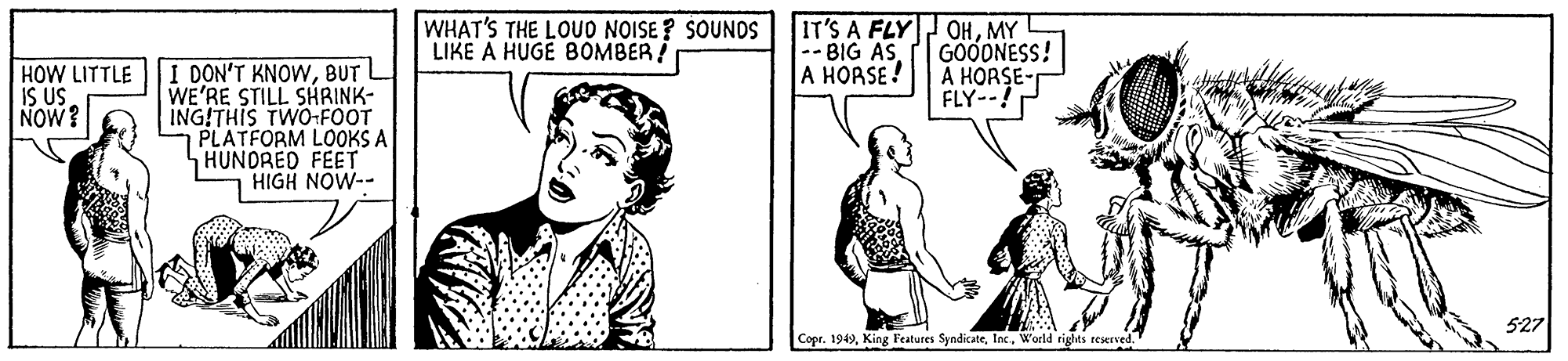 Gesture OCR: WHAT'S THE LOUO NOISE ? SOUNOS LIKE A HUGE BOMBER! -- BIG AS A HORSE! IT'S A FLY OHMY GOOONESS! A HORSE- FLY--! HOW LITTLE IS US NOW? I DON'T KNOWBUT WE'RE STILL SHRINK- ING!THIS TWO-FOOT PLATFORM LOOKS A HUNORED FEET HIGH NOW-- 527 Copr. 1949World rights reserved. WHAT'S THE LOUO NOISE ? SOUNOS LIKE A HUGE BOMBER! -- BIG AS A HORSE! IT'S A FLY OHMY GOOONESS! A HORSE- FLY--! HOW LITTLE IS US NOW? I DON'T KNOWBUT WE'RE STILL SHRINK- ING!THIS TWO-FOOT PLATFORM LOOKS A HUNORED FEET HIGH NOW-- 527 Copr. 1949King Features SyndicateWorld rights reserved.