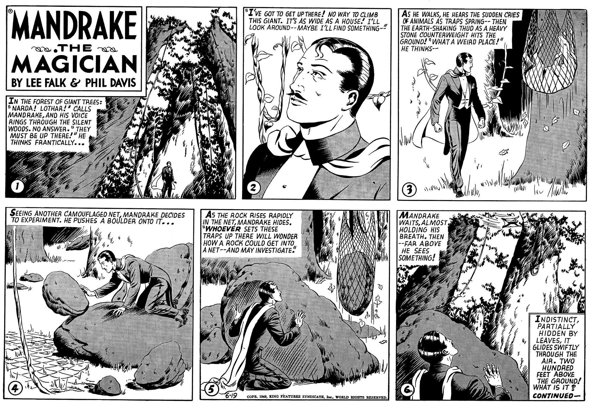 Comic book OCR: MANDRAKE "I'VE GOT TO GET UP THERE! NO WAY TO CLIMB THIS GIANT. IT'S AS WIDE AS A HOUSE! I'LL LOOK AROUND--MAYBE I'LL FIND SOMETHING- AS HE WALKSHE HEARS THE SUDDEN CRIES OF ANIMALS AS TRAPS SPRING-- THEN THE EARTH-SHAKING THUD AS A HEAVY STONE COUNTERWEIGHT HITS THE GROUND! "WHATA WEIRD PLACE!"HE THINKS-- .THE MAGICIAN BY LEE FALK & PHIL DAVIS IN THE FOREST OF GIANT TREES: " NARDA! LOTHAR!" CALLS MANDRAKEAND HIS VOICE RINGS THROUGH THE SILENT WOODS. NO ANSWER." THEY MUST BE UP THERE!" HE THINKS FRANTICALLY... (3) SEEING ANOTHER CAMOUFLAGED NETMANDRAKE DECIDES TO EXPERIMENT. HE PUSHES A BOULDER ONTO IT... AS THE ROCK RISES RAPIDLY IN THE NETMANDRAKE HIDES. "WHOEVER SETS THESE TRAPS UP THERE WILL WONDER HOW A ROCK COULD GET INTO. A NET--AND MAY INVESTIGATE" MANDRAKE WAITSALMOST HOLDING HIS BREATH. THEN --FAR ABOVE HE SEES SOMETHING! INDISTINCT PARTIALLY HIDDEN BY LEAVESIT GLIDES SWIFTLY THROUGH THE AIR. TWO HUNDRED FEET ABOVE THE GROUND! WHAT IS IT? 6-19 COPR. INRWORLD BIGHTS RESERVED. CONTINUED- MANDRAKE "I'VE GOT TO GET UP THERE! NO WAY TO CLIMB THIS GIANT. IT'S AS WIDE AS A HOUSE! I'LL LOOK AROUND--MAYBE I'LL FIND SOMETHING- AS HE WALKSHE HEARS THE SUDDEN CRIES OF ANIMALS AS TRAPS SPRING-- THEN THE EARTH-SHAKING THUD AS A HEAVY STONE COUNTERWEIGHT HITS THE GROUND! "WHATA WEIRD PLACE!"HE THINKS-- .THE MAGICIAN BY LEE FALK & PHIL DAVIS IN THE FOREST OF GIANT TREES: " NARDA! LOTHAR!" CALLS MANDRAKEAND HIS VOICE RINGS THROUGH THE SILENT WOODS. NO ANSWER." THEY MUST BE UP THERE!" HE THINKS FRANTICALLY... (3) SEEING ANOTHER CAMOUFLAGED NETMANDRAKE DECIDES TO EXPERIMENT. HE PUSHES A BOULDER ONTO IT... AS THE ROCK RISES RAPIDLY IN THE NETMANDRAKE HIDES. "WHOEVER SETS THESE TRAPS UP THERE WILL WONDER HOW A ROCK COULD GET INTO. A NET--AND MAY INVESTIGATE" MANDRAKE WAITSALMOST HOLDING HIS BREATH. THEN --FAR ABOVE HE SEES SOMETHING! INDISTINCT PARTIALLY HIDDEN BY LEAVESIT GLIDES SWIFTLY THROUGH THE AIR. TWO HUNDRED FEET ABOVE THE GROUND! WHAT IS IT? 6-19 COPR. INRKING vRATURESs SYNDICATEWORLD BIGHTS RESERVED. CONTINUED-