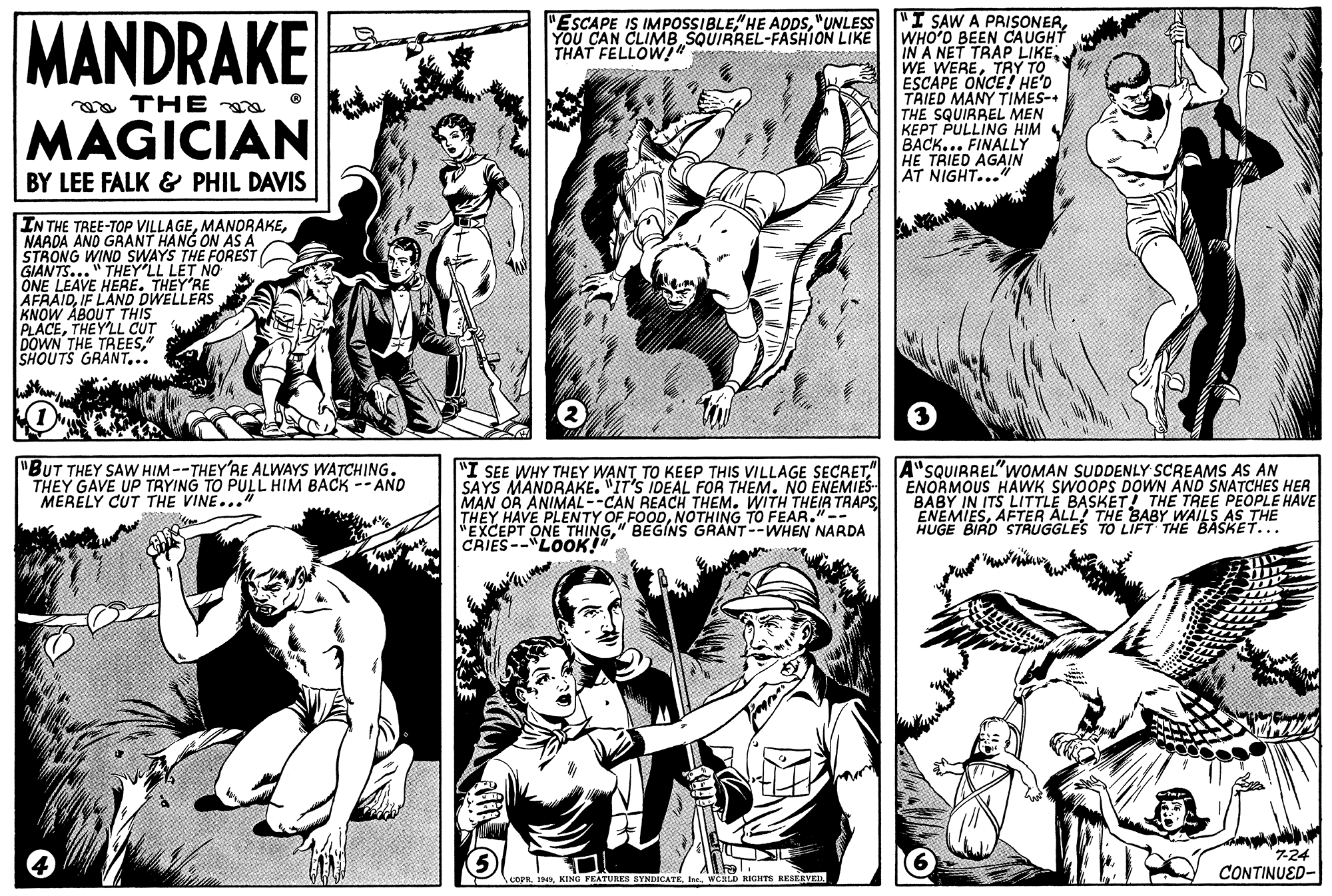 Font OCR: "I SAW A PRISONERWHO'D BEEN CAUGHT IN A NET TRAP LIKETRÝ TO ESCAPE ONCE! HE'D TRIED MANY TIMES- THE SQUIRREL MEN KEPT PULLING HIM BACK... FINALLY HE TRIED AGAIN AT NIGHT..." MANDRAKE "ESCAPE IS IMPOSSIBLE"UNLESS YOU CAN CLIMB SQUIRREL-FASHION LIKE THAT FELLOW a THE MAGICIAN BY LEE FALK & PHIL DAVIS IN THE TREE-TOP VILLAGENARDA AND GRANT HANG ON AS A STRONG WIND SWAYS THE FOREST GIANTS..." THEY'LL LET NO ONE LEAVE HERE. THEY'RE AFRAIDIF LAND DWELLERS KNOW ABOUT THIS PLACETHEY'LL CUT DOWN THE TREES" SHOUTS GRANT... "BUT THEY SAW HIM--THEY'RE ALWAYS WATCHING. THEY GAVE UP TRYING TO PULL HIM BACK -- AND MERELY CUT THE VINE..." "I SEE WHY THEY WANT TO KEEP THIS VILLAGE SECRET" SAYS MANDRAKE. "IT'S IDEAL FOR THEM. NO ENEMIES MAN OR ANIMAL--CAN REACH THEM. WITH THEIR TRAPS THEY HAVE PLENTY OF FOODNOTHING TO FEAR."-- "EXCEPT ONE THING" BEGINS GRANT--WHEN NARDA CAIES--"LOOK!" A"SQUIRREL"WOMAN SUDDENLY SCREAMS AS AN ENORMOUS HAWK SWOOPS DOWN AND SNATCHES HER BABY IN ITS LITTLE BASKET! THE TREE PEOPLE HAVE ENEMIESAFTER ALL! THE BABY WAILS AS THE HUGE BIRD STRUGGLES TO LIFT THE BASKET... 7-24 CONTINUED- copR IWCLD KIGHTS RESERVED "I SAW A PRISONERWHO'D BEEN CAUGHT IN A NET TRAP LIKEWE WERETRÝ TO ESCAPE ONCE! HE'D TRIED MANY TIMES- THE SQUIRREL MEN KEPT PULLING HIM BACK... FINALLY HE TRIED AGAIN AT NIGHT..." MANDRAKE "ESCAPE IS IMPOSSIBLEHE ADDS"UNLESS YOU CAN CLIMB SQUIRREL-FASHION LIKE THAT FELLOW a THE MAGICIAN BY LEE FALK & PHIL DAVIS IN THE TREE-TOP VILLAGENARDA AND GRANT HANG ON AS A STRONG WIND SWAYS THE FOREST GIANTS..." THEY'LL LET NO ONE LEAVE HERE. THEY'RE AFRAIDIF LAND DWELLERS KNOW ABOUT THIS PLACETHEY'LL CUT DOWN THE TREES" SHOUTS GRANT... "BUT THEY SAW HIM--THEY'RE ALWAYS WATCHING. THEY GAVE UP TRYING TO PULL HIM BACK -- AND MERELY CUT THE VINE..." "I SEE WHY THEY WANT TO KEEP THIS VILLAGE SECRET" SAYS MANDRAKE. "IT'S IDEAL FOR THEM. NO ENEMIES MAN OR ANIMAL--CAN REACH THEM. WITH THEIR TRAPS THEY HAVE PLENTY OF FOODNOTHING TO FEAR."-- "EXCEPT ONE THING" BEGINS GRANT--WHEN NARDA CAIES--"LOOK!" A"SQUIRREL"WOMAN SUDDENLY SCREAMS AS AN ENORMOUS HAWK SWOOPS DOWN AND SNATCHES HER BABY IN ITS LITTLE BASKET! THE TREE PEOPLE HAVE ENEMIESAFTER ALL! THE BABY WAILS AS THE HUGE BIRD STRUGGLES TO LIFT THE BASKET... 7-24 CONTINUED- copR IKING PEATURES SYNDICATEWCLD KIGHTS RESERVED