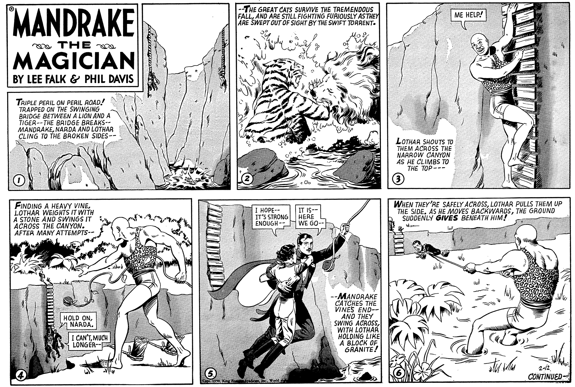 Mammal OCR: MANDRAKE -THE GREAT CATS SUAVIVE THE TREMENDOUS FALLAND ARE STILL FIGHTING FURIOUSLY AS THEY ÁRE SWEPT OUT OF SIGHT BY THE SWIFT TORRENT. ME HELP! a THE a MAGICIAN BY LEE FALK & PHIL DAVIS TRIPLE PERIL ON PERIL ROAD! TRAPPED ON THE SWINGING BRIDGE BETWEEN A LION AND A TIGER--THE BRIDGE BREAKS-- MANDRAKENARDA AND LOTHAR CLING TO THE BROKEN SIDES-- LOTHAR SHOUTS TO THEM ACROSS THE NARROW CANYON AS HE CLIMBS TO THE TOP--- 3 FINDING A HEAVY VINELOTHAR WEIGHTS IT WITH A STONE AND SWINGS IT ACROSS THE CANYON. AFTER MANY ATTEMPTS-- WHEN THEY'RE SAFELY ACROSSLOTHAR PULLS THEM UP THE SIDE. AS HE MOVES BACKWARDSTHE GROUND SUDDENLY GIVES BENEATH HIM! 1 ????-- IT'S STRONG ENOUGH -- IT IS-- HERE WE GO-- --MANORAKE CATCHES THE VINES END-- AND THEY SWING ACROSSWITH LOTHAR HOLDING LIKE A BLOCK OF GRANITE! HOLD ONNARDA. I CAN'TMUCH LONGER-- 2-12 CONTINUED- MANDRAKE -THE GREAT CATS SUAVIVE THE TREMENDOUS FALLAND ARE STILL FIGHTING FURIOUSLY AS THEY ÁRE SWEPT OUT OF SIGHT BY THE SWIFT TORRENT. ME HELP! a THE a MAGICIAN BY LEE FALK & PHIL DAVIS TRIPLE PERIL ON PERIL ROAD! TRAPPED ON THE SWINGING BRIDGE BETWEEN A LION AND A TIGER--THE BRIDGE BREAKS-- MANDRAKENARDA AND LOTHAR CLING TO THE BROKEN SIDES-- LOTHAR SHOUTS TO THEM ACROSS THE NARROW CANYON AS HE CLIMBS TO THE TOP--- 3 FINDING A HEAVY VINELOTHAR WEIGHTS IT WITH A STONE AND SWINGS IT ACROSS THE CANYON. AFTER MANY ATTEMPTS-- WHEN THEY'RE SAFELY ACROSSLOTHAR PULLS THEM UP THE SIDE. AS HE MOVES BACKWARDSTHE GROUND SUDDENLY GIVES BENEATH HIM! 1 ????-- IT'S STRONG ENOUGH -- IT IS-- HERE WE GO-- --MANORAKE CATCHES THE VINES END-- AND THEY SWING ACROSSWITH LOTHAR HOLDING LIKE A BLOCK OF GRANITE! HOLD ONNARDA. I CAN'TMUCH LONGER-- 2-12 CONTINUED-