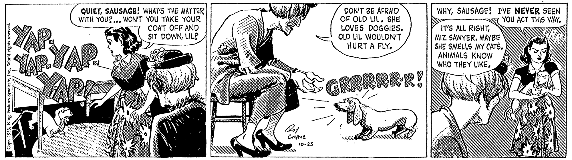 Drawing OCR: QUIETSAUSAGE! WHAT'S THE MATTER WITH YOU?... WON'T YOU TAKE YOUR COAT OFF AND SIT DOWNLIL? DON'T BE AFRAID OF OLD LILSHE LOVES DOGGIES. OLD LIL WOULDN'T HURT A FLY. WHYSAUSAGE! IVE NEVER SEEN YOU ACT THIS WAY. YAP RYAP IT'S ALL RIGHTMIZ SAWYER. MAYBE SHE SMELLS MY CATS. ANIMALS KNOWW WHO THEY LIKE. GRRRRRR! 10-23 QUIETSAUSAGE! WHAT'S THE MATTER WITH YOU?... WON'T YOU TAKE YOUR COAT OFF AND SIT DOWNLIL? DON'T BE AFRAID OF OLD LILSHE LOVES DOGGIES. OLD LIL WOULDN'T HURT A FLY. WHYSAUSAGE! IVE NEVER SEEN YOU ACT THIS WAY. YAP RYAP IT'S ALL RIGHTMIZ SAWYER. MAYBE SHE SMELLS MY CATS. ANIMALS KNOWW WHO THEY LIKE. GRRRRRR! 10-23