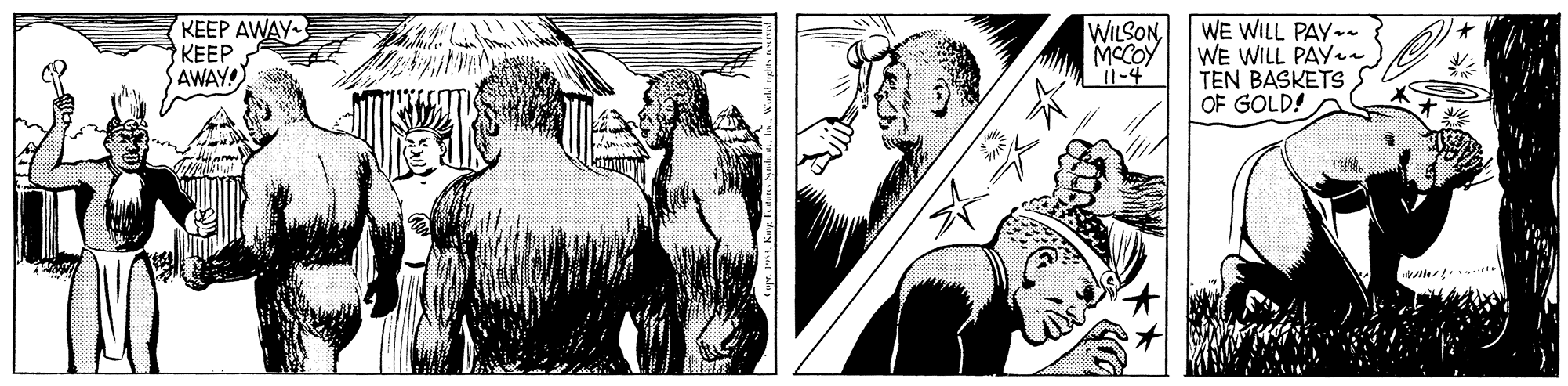 Monochrome OCR: KEEP AWAY KEEP AWAY WILSON MCCOY 1-4 WE WILL PAY-n WE WILL PAY.a TEN BASKETS OF GOLD! KEEP AWAY KEEP AWAY WILSON MCCOY 1-4 WE WILL PAY-n WE WILL PAY.a TEN BASKETS OF GOLD!