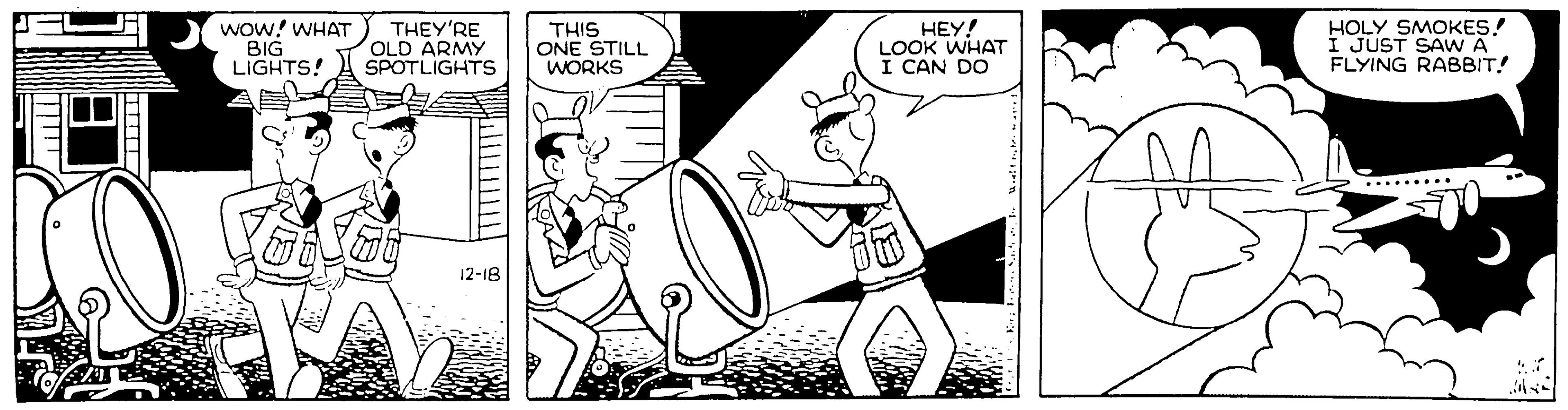 Illustration OCR: Wow! WHAT BIG LIGHTS! THEY'RE OLD ARMY SPOTLIGHTS THIS ONE STILL WORKS HEY! LOOK WHAT I CAN DO HOLY SMOKES! I JUST SAWA FLYING RABBIT! 12-18 Wow! WHAT BIG LIGHTS! THEY'RE OLD ARMY SPOTLIGHTS THIS ONE STILL WORKS HEY! LOOK WHAT I CAN DO HOLY SMOKES! I JUST SAWA FLYING RABBIT! 12-18