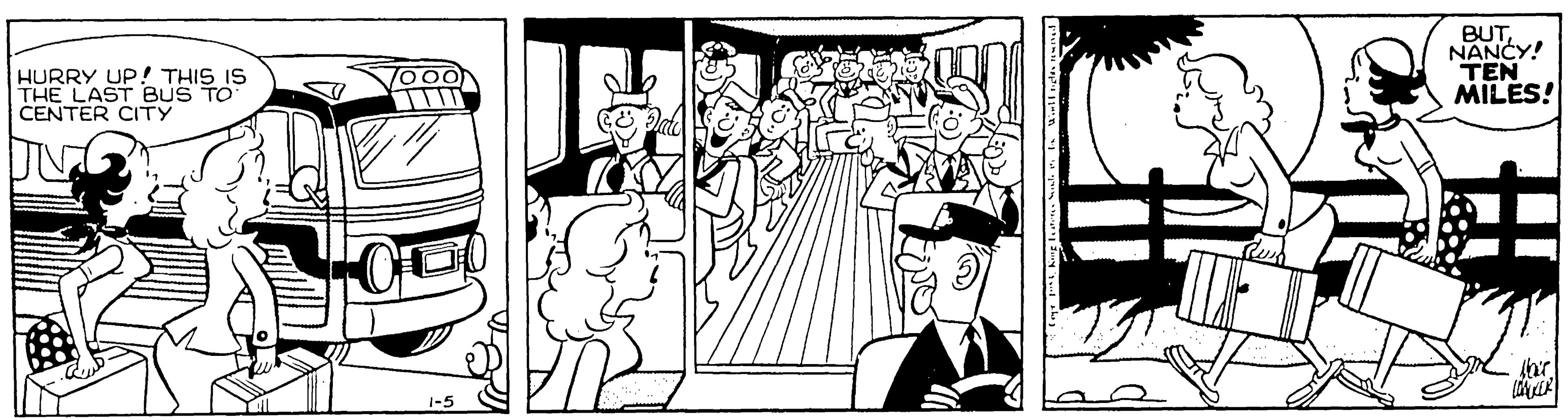 Monochrome OCR: HURRY UP! THIS IS THE LAST BUS TO CENTER CITY BUTNANCY! TEN MILES! 000 1-5 HURRY UP! THIS IS THE LAST BUS TO CENTER CITY BUTNANCY! TEN MILES! 000 1-5