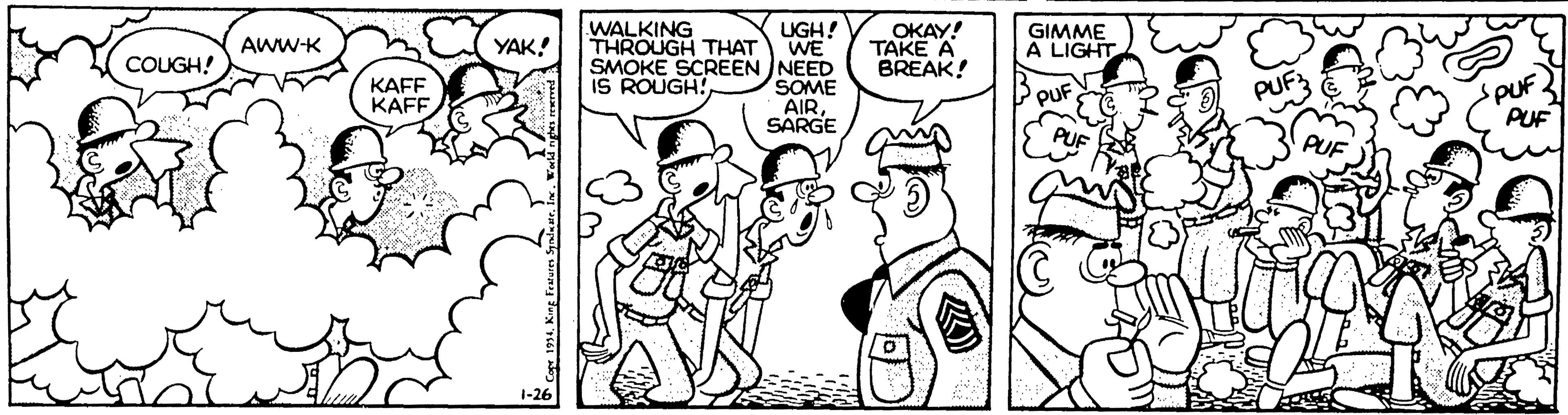 Monochrome OCR: WALKING THROUGH THAT UGH! WE SMOKE SCREEN NEED SOME AIRSARGE OKAY! TAKE A BREAK! GIMME A LIGHT AWW-K YAK! COUGH! PUF. PUF ??FF KAFFIS ROUGH! PUF PUF 1991. King Featur WALKING THROUGH THAT UGH! WE SMOKE SCREEN NEED SOME AIRSARGE OKAY! TAKE A BREAK! GIMME A LIGHT AWW-K YAK! COUGH! PUF. PUF ??FF KAFFIS ROUGH! PUF PUF 1991. King Featur