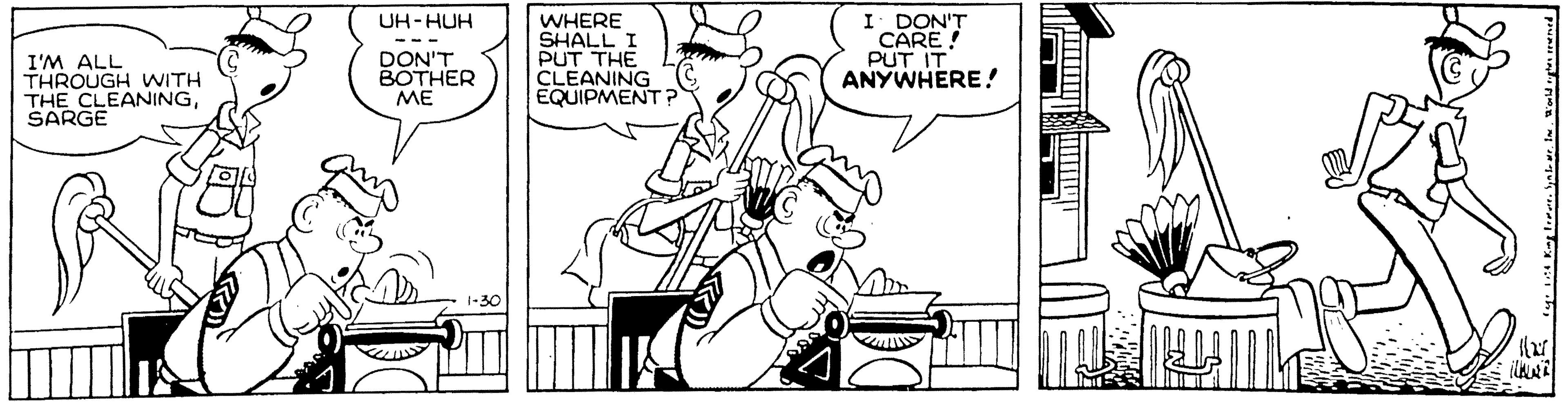Line art OCR: UH-HUH I'M ALL THROUGH WITH THE CLEANINGSARGE DON'T BOTHER ME WHERE SHALL I PUT THE CLEANING EQUIPMENT? DON'T CARE! PUT IT ANYWHERE ! UH-HUH I'M ALL THROUGH WITH THE CLEANINGSARGE DON'T BOTHER ME WHERE SHALL I PUT THE CLEANING EQUIPMENT? DON'T CARE! PUT IT ANYWHERE !