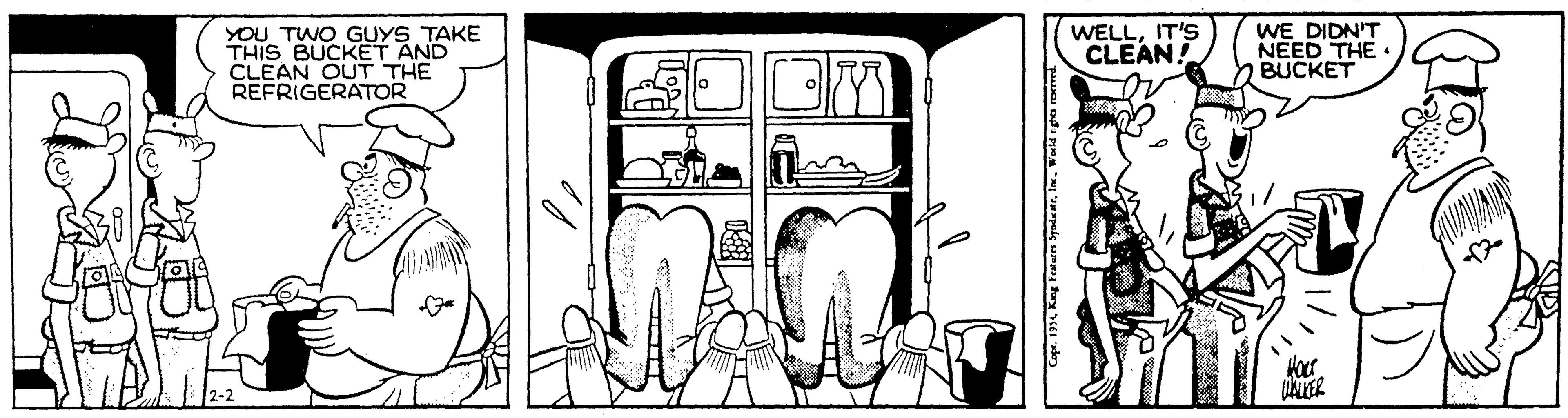 Line art OCR: YOU TWO GUYS TAKE THIS BUCKET AND CLEAN OUT THE REFRIGERATOR WELLIT'S CLEAN! WE DIDN'T NEED THE h BUCKET YOU TWO GUYS TAKE THIS BUCKET AND CLEAN OUT THE REFRIGERATOR WELLIT'S CLEAN! WE DIDN'T NEED THE h BUCKET