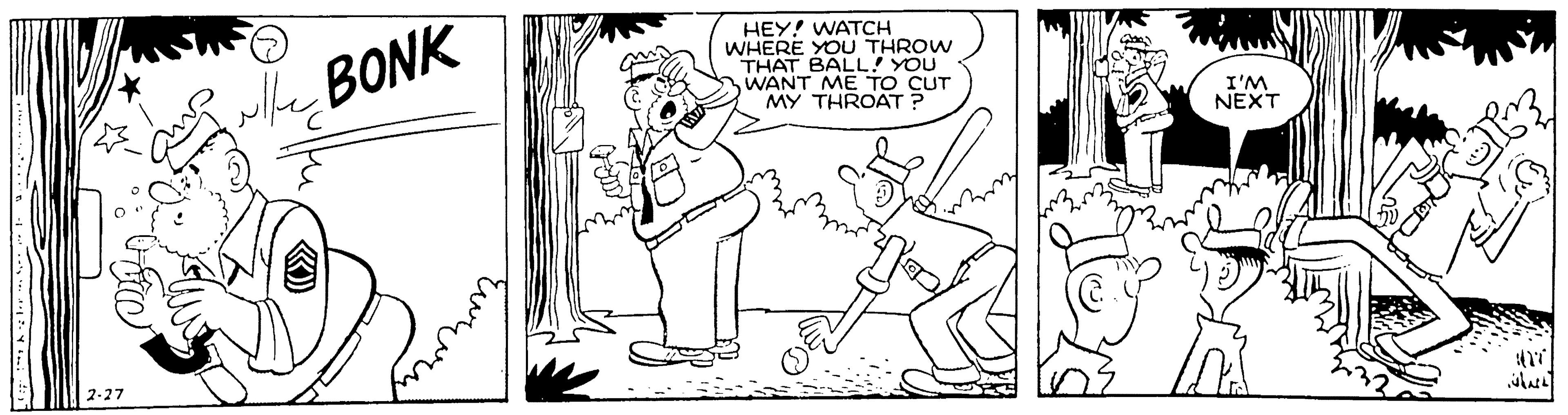 Art OCR: HEY! WATCH WHERE YOU THROW THAT BALL? YOU WANT ME TO CUT MY THROAT ? I'M NEXT wlle BONK tur 2-27 HEY! WATCH WHERE YOU THROW THAT BALL? YOU WANT ME TO CUT MY THROAT ? I'M NEXT wlle BONK tur 2-27