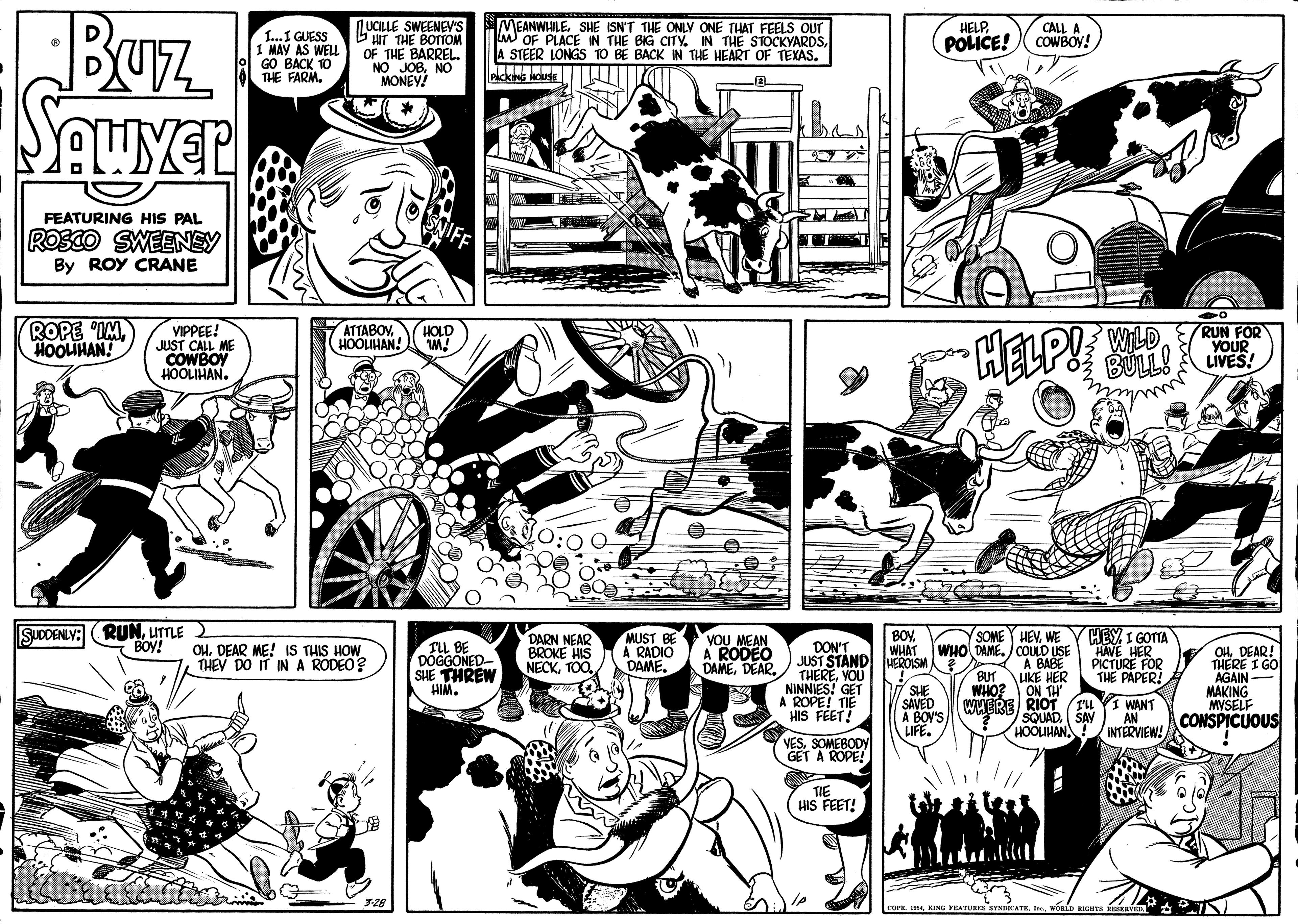 Style OCR: Buz UCILLE SWEENEV'S EUIT THE BOTTOM OF THE BARREL. NO JOBNO MONEY! 1...I GUESS 1 MAY AS WELL GO BACK 10 THE FARM. MEANWIALESHE ISN'T THE ONLY ONE THAT FEELS OUT W OF PLACE IN THE BIG CITY. IN THE STOCKYARDSA STEER LONGS TO BE BACK IN THE HEART OF TEXAS. HELPPOLICE! CALL A COWBOY! FEATURING HIS PAL ROSCO SWEENEY By ROY CRANE ROPE IMHOOLIHAN! RUN FOR YOUR LIVES! ATTABOV HOOLIHAN! V????! JUST CALL ME COWBOY HOOLIHAN. HOLD HELP!P BÜLL! SUODENLY: RUNUTTLE BOY! SOMEY HEVWE WHAT WHO DAME. ) COULD USE HAVE HER A BABE BUT LIKE HER ON TH WIMERE RIOT (Iu YI WANT /SQUADSAN HOOLIHANA HEY I GOTTA DARN NEAR BROKE HIS NECKTL BE DOGGONED- SHE THREW HIM. MUST BE A RADIO DAMEVOU MEAN A RODEO DAMEDEAR. DON'T JUST STAND HEROISM THEREVOU NINNIES! GET ROPE! TIE HIS FEET! OHDEAR ME! IS THIS HOW THEY DO IT IN A RODEO? OHDEAR! THERE I GO AGAIN MAKING MYSELF CONSPICUOUS PICTURE FOR THE PAPER! SHE SAVED A BON'S LIFE. WHO? AN INTERVIEW VESSOMEBODY GET A ROPE! TIE HIS FEET! 328 COFR IN4 KING PEATURESavNCATRBuz UCILLE SWEENEV'S EUIT THE BOTTOM OF THE BARREL. NO JOBNO MONEY! 1...I GUESS 1 MAY AS WELL GO BACK 10 THE FARM. MEANWIALESHE ISN'T THE ONLY ONE THAT FEELS OUT W OF PLACE IN THE BIG CITY. IN THE STOCKYARDSA STEER LONGS TO BE BACK IN THE HEART OF TEXAS. HELPPOLICE! CALL A COWBOY! FEATURING HIS PAL ROSCO SWEENEY By ROY CRANE ROPE IMHOOLIHAN! RUN FOR YOUR LIVES! ATTABOV HOOLIHAN! V????! JUST CALL ME COWBOY HOOLIHAN. HOLD HELP!P BÜLL! SUODENLY: RUNUTTLE BOY! SOMEY HEVWE WHAT WHO DAME. ) COULD USE HAVE HER A BABE BUT LIKE HER ON TH WIMERE RIOT (Iu YI WANT /SQUADSAN HOOLIHANA HEY I GOTTA DARN NEAR BROKE HIS NECKTL BE DOGGONED- SHE THREW HIM. MUST BE A RADIO DAMEVOU MEAN A RODEO DAMEDEAR. DON'T JUST STAND HEROISM THEREVOU NINNIES! GET ROPE! TIE HIS FEET! OHDEAR ME! IS THIS HOW THEY DO IT IN A RODEO? OHDEAR! THERE I GO AGAIN MAKING MYSELF CONSPICUOUS PICTURE FOR THE PAPER! SHE SAVED A BON'S LIFE. WHO? AN INTERVIEW VESSOMEBODY GET A ROPE! TIE HIS FEET! 328 COFR IN4 KING PEATURESavNCATR