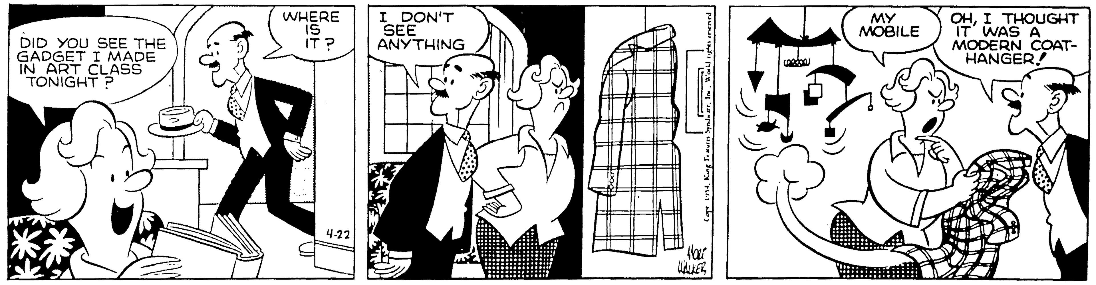 Line art OCR: WHERE I DON'T SEE ANYTHING MY MOBILE OHI THOUGHT IT WAS A MODERN COAT- HANGER! iS IT ? DID YOU SEE THE GADGET I MADE IN ART CLAS TONIGHT ? ? 4-22 WHERE I DON'T SEE ANYTHING MY MOBILE OHI THOUGHT IT WAS A MODERN COAT- HANGER! iS IT ? DID YOU SEE THE GADGET I MADE IN ART CLAS TONIGHT ? ? 4-22