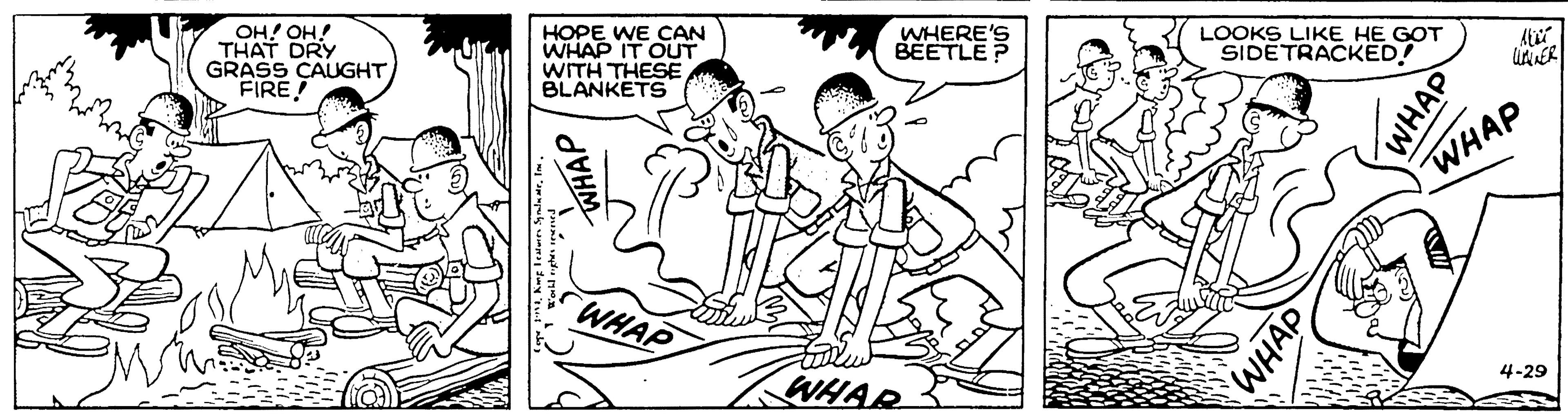 Cartoon OCR: OH! OH! THAT DRY GRASS CAUGHT FIRE! HOPE WE CAN WHAP IT OUT WITH THESE BLANKETS WHERE'S BEETLE? LOOKS LIKE HE GOT SIDETRACKED! WHAP WHAP 4-29 WHAR WHAP OH! OH! THAT DRY GRASS CAUGHT FIRE! HOPE WE CAN WHAP IT OUT WITH THESE BLANKETS WHERE'S BEETLE? LOOKS LIKE HE GOT SIDETRACKED! WHAP WHAP 4-29 WHAR WHAP