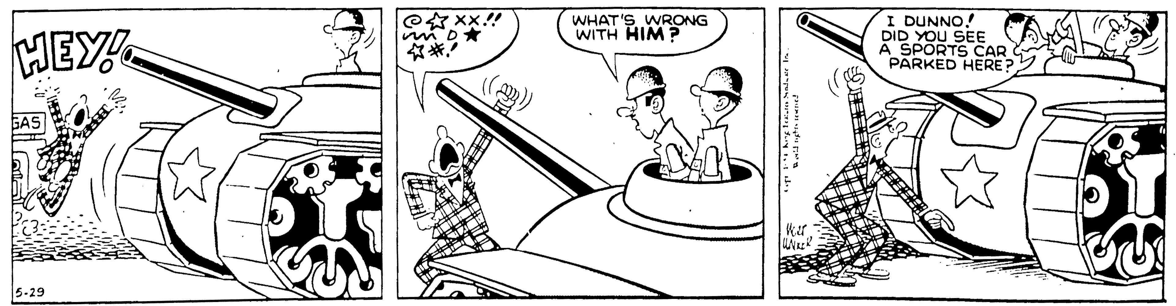 Humour OCR: HEY WHAT'S WRONG WITH HIM? I DUNNO! DID YOU SEE A SPORTS CAR PARKED HERE? SAS 5-29 HEY WHAT'S WRONG WITH HIM? I DUNNO! DID YOU SEE A SPORTS CAR PARKED HERE? SAS 5-29