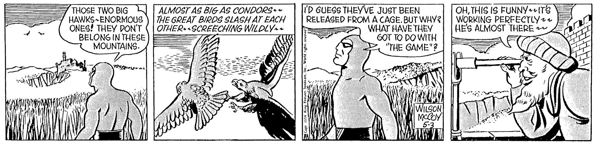 Art OCR: THOSE TWO BIG ALMOST AS BIG AS CONDORS HAWKS ENORMOUS ONES! THEY DON'T BELONG IN THESE MOUNTAINS. ID GUESS THEY'VE JUST BEEN RELEASED FROMA CAGE. BUT WHY? WHAT HAVE THEY GOT TO DO WITH "THE GAME"? OHTHIS IS FUNNY.ITS WORKING PERFECTLYe HE'S ALMOST THERE THE GREAT BIRDS SLASH AT EACH OTHER. SCREECHING WILDLY. WILSON MCCOY THOSE TWO BIG ALMOST AS BIG AS CONDORS HAWKS ENORMOUS ONES! THEY DON'T BELONG IN THESE MOUNTAINS. ID GUESS THEY'VE JUST BEEN RELEASED FROMA CAGE. BUT WHY? WHAT HAVE THEY GOT TO DO WITH "THE GAME"? OHTHIS IS FUNNY.ITS WORKING PERFECTLYe HE'S ALMOST THERE THE GREAT BIRDS SLASH AT EACH OTHER. SCREECHING WILDLY. WILSON MCCOY