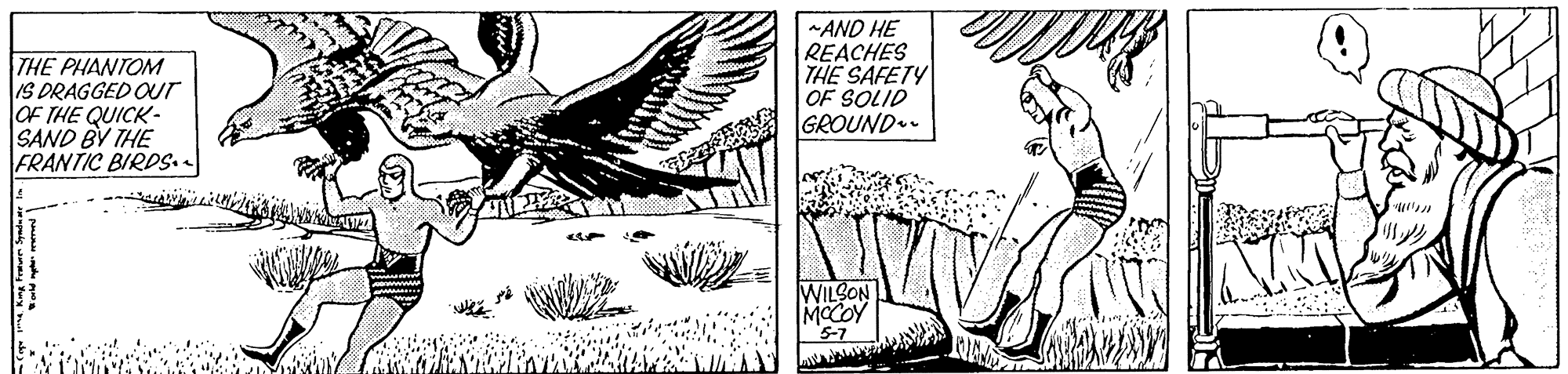 Adaptation OCR: THE PHANTOM IS DRAGGED OUr OF THE QUICK- SAND BY THE FRANTIC BIRDS. *AND HE REACHES THE SAFETY OF SOLID GROUND.. WILSON MOCOY 5-7 THE PHANTOM IS DRAGGED OUr OF THE QUICK- SAND BY THE FRANTIC BIRDS. *AND HE REACHES THE SAFETY OF SOLID GROUND.. WILSON MOCOY 5-7