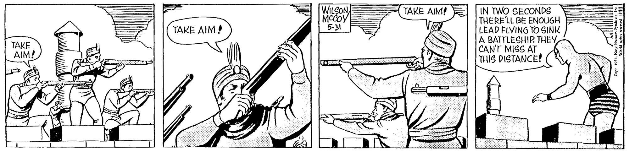 Line art OCR: WILSON MCCOY 5-31 IN TWO SECONDS THERELL BE ENOUGH LEAD FLVING TO SINK A BATTLESHIP. THEY CAN'T MISS AT THIS DISTANCE! TAKE AIM! TAKE AIM! TAKE AIM! WILSON MCCOY 5-31 IN TWO SECONDS THERELL BE ENOUGH LEAD FLVING TO SINK A BATTLESHIP. THEY CAN'T MISS AT THIS DISTANCE! TAKE AIM! TAKE AIM! TAKE AIM!