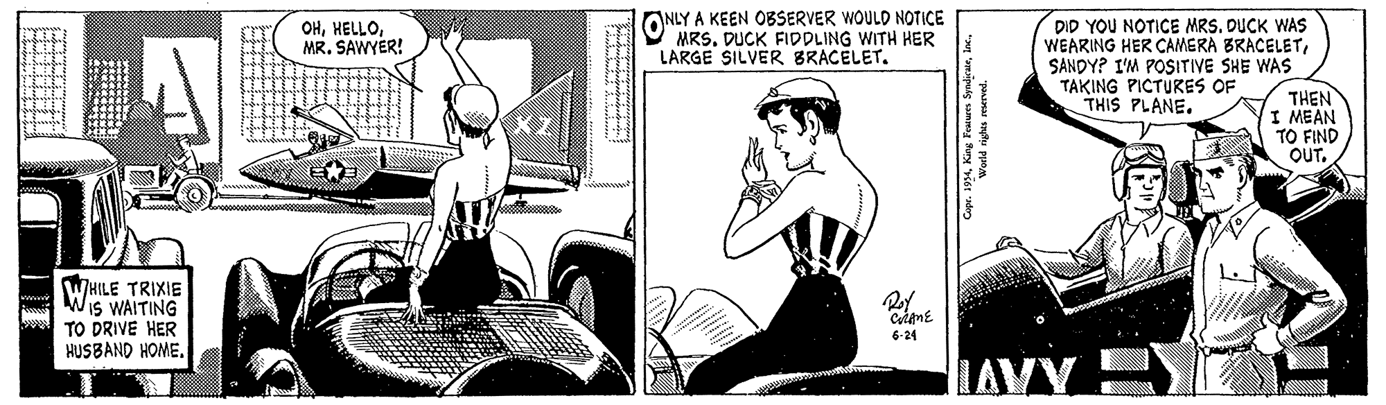 Sports equipment OCR: NLY A KEEN OBSERVER WOULD NOTICE MRS. DUCK FIDDLING WITH HER LARGE SILVER BRACELET. DID YOU NOTICE MRS. DUCK WAS WEARING HER CAMERA BRACELETSANDY? I'M POSITIVE SHE WAS TAKING PICTURES OF THIS PLANE. OHMR. SAWYER! THEN I MEAN TO FIND QUTWHILE TRIXIE Wis WAITING TO DRIVE HER 6-24 HUSBAND HOME. IAVY NLY A KEEN OBSERVER WOULD NOTICE MRS. DUCK FIDDLING WITH HER LARGE SILVER BRACELET. DID YOU NOTICE MRS. DUCK WAS WEARING HER CAMERA BRACELETSANDY? I'M POSITIVE SHE WAS TAKING PICTURES OF THIS PLANE. OHMR. SAWYER! THEN I MEAN TO FIND QUTWHILE TRIXIE Wis WAITING TO DRIVE HER 6-24 HUSBAND HOME. IAVY