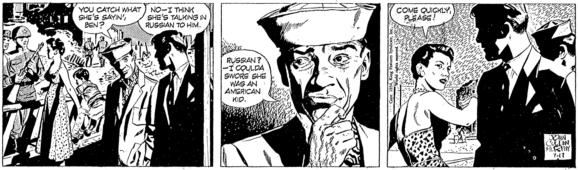 Line OCR: YOU CATCH WHAT) NO-I THINK SHE'S SAYIN'BEN? SHE'S TALKING IN RUSSIAN TO HIM. COME QUIGKLYPLEASE RUSSIAN? -I COULDA SWORE SHE WAS AN AMERICAN KID. MTY YOU CATCH WHAT) NO-I THINK SHE'S SAYIN'BEN? SHE'S TALKING IN RUSSIAN TO HIM. COME QUIGKLYPLEASE RUSSIAN? -I COULDA SWORE SHE WAS AN AMERICAN KID. MTY