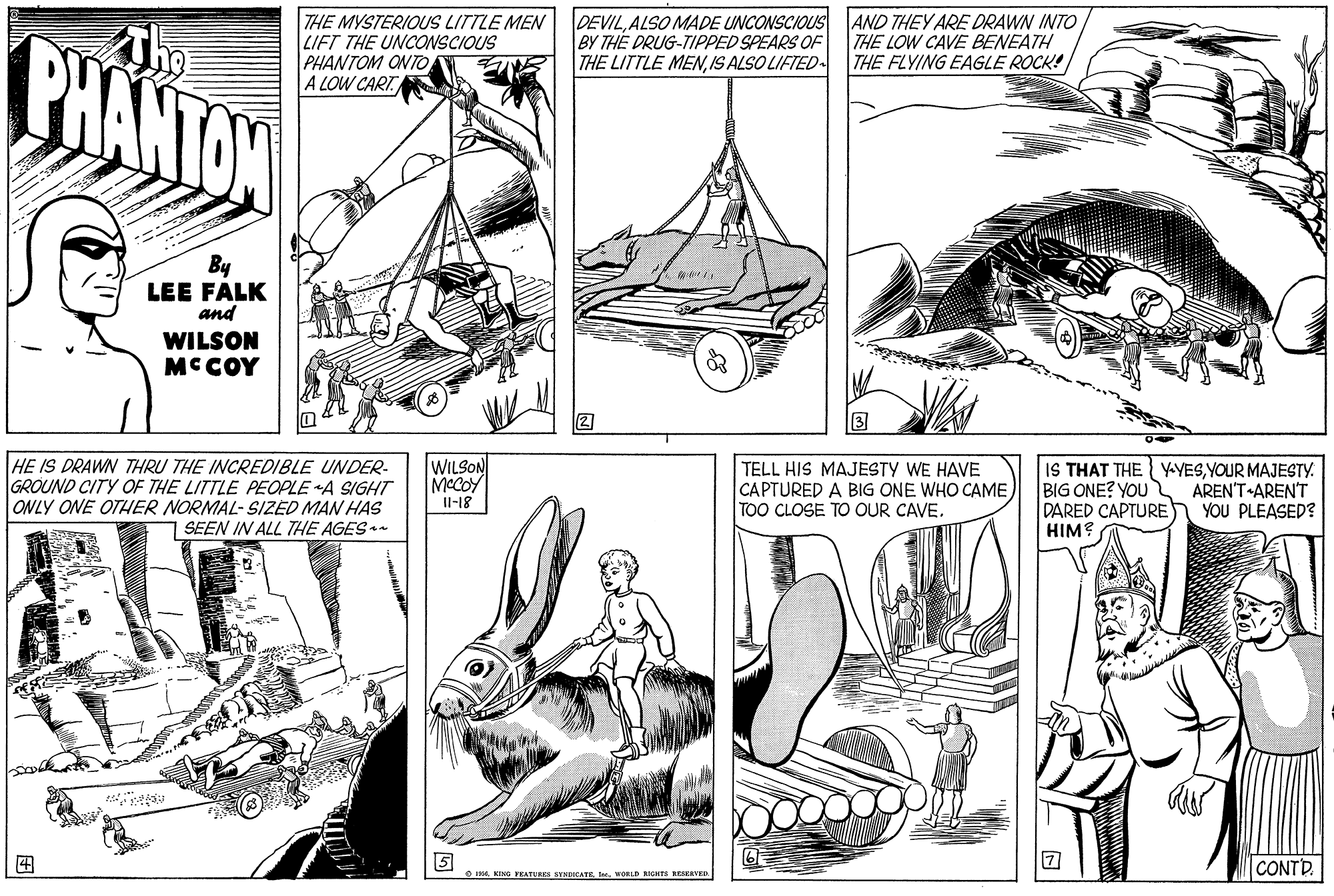Gesture OCR: PHANTAN THE MYSTERIOUS LITTLE MEN LIFT THE UNCONSCIOUS PHANTOM ONTO A LOW CART DEVILALSO MADE UNCONSCIOUS AND THEY ARE DRAWN INTO BY THE DRUG-TIPPED SPEARS OF THE LITTLE MENIS ALSO LIFTED- THE LOW CAVE BENEATH THE FLYING EAGLE ROCK! By LEE FALK and WILSON MC COY HE IS DRAWN THRU THE INCREDIBLE UNDER- GROUND CITY OF THE LITTLE PEOPLE A SIGHT ONLY ONE OTHER NORMAL- SIZED MAN HAS SEEN IN ALL THE AGES- WILSON MCCOY Il-18 TELL HIS MAJESTY WE HAVE CAPTURED A BIG ONE WHO CAME TOO CLOSE TO OUR CAVE. IS THAT THE YYESYOUR MAJESTY. BIG ONE? YOU DARED CAPTURE YOU PLEASED? HIM? AREN'T ARENT ? CONTD. om. KING FEATURES VNDICATR I WORLD RGHTS SEKEVED PHANTAN THE MYSTERIOUS LITTLE MEN LIFT THE UNCONSCIOUS PHANTOM ONTO A LOW CART DEVILALSO MADE UNCONSCIOUS AND THEY ARE DRAWN INTO BY THE DRUG-TIPPED SPEARS OF THE LITTLE MENIS ALSO LIFTED- THE LOW CAVE BENEATH THE FLYING EAGLE ROCK! By LEE FALK and WILSON MC COY HE IS DRAWN THRU THE INCREDIBLE UNDER- GROUND CITY OF THE LITTLE PEOPLE A SIGHT ONLY ONE OTHER NORMAL- SIZED MAN HAS SEEN IN ALL THE AGES- WILSON MCCOY Il-18 TELL HIS MAJESTY WE HAVE CAPTURED A BIG ONE WHO CAME TOO CLOSE TO OUR CAVE. IS THAT THE YYESYOUR MAJESTY. BIG ONE? YOU DARED CAPTURE YOU PLEASED? HIM? AREN'T ARENT ? CONTD. om. KING FEATURES VNDICATR I WORLD RGHTS SEKEVED