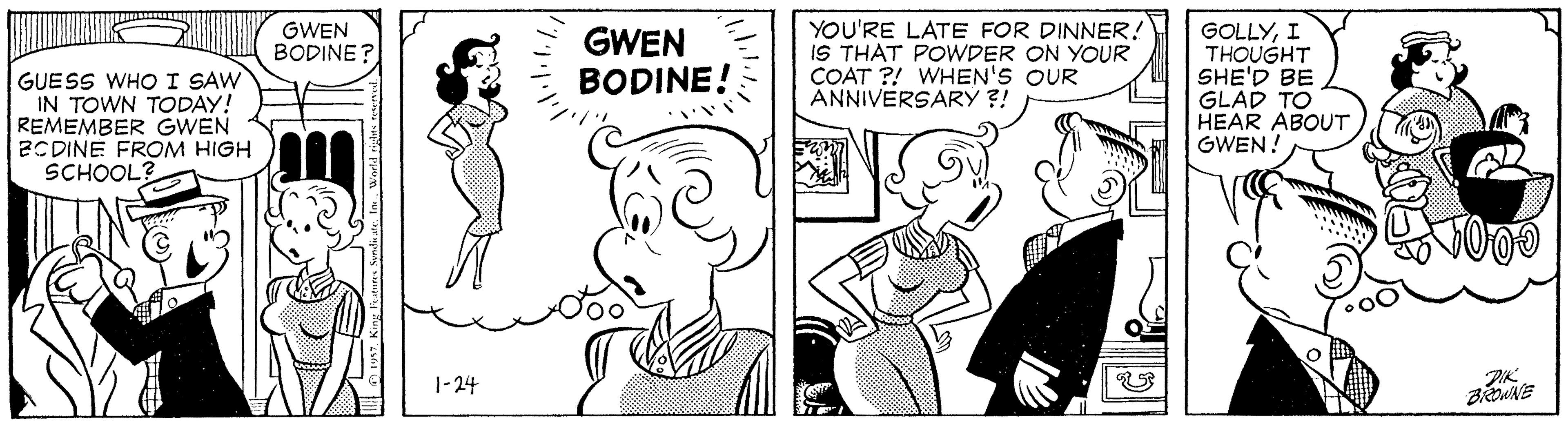 Organism OCR: YOU'RE LATE FOR DINNER! IS THAT POWDER ON YOUR COAT ?! WHEN'S OUR ANNIVERSARY ?! GWEN BODINE? GUESS WHO I SAW IN TOWN TODAY! REMEMBER GWEN BCDINE FROM HIGH SCHOOL3 GWEN BODINE! GOLLYI THOUGHT SHE'D BE GLAD TO HEAR ABOUT GWEN! 1-24 YOU'RE LATE FOR DINNER! IS THAT POWDER ON YOUR COAT ?! WHEN'S OUR ANNIVERSARY ?! GWEN BODINE? GUESS WHO I SAW IN TOWN TODAY! REMEMBER GWEN BCDINE FROM HIGH SCHOOL3 GWEN BODINE! GOLLYI THOUGHT SHE'D BE GLAD TO HEAR ABOUT GWEN! 1-24