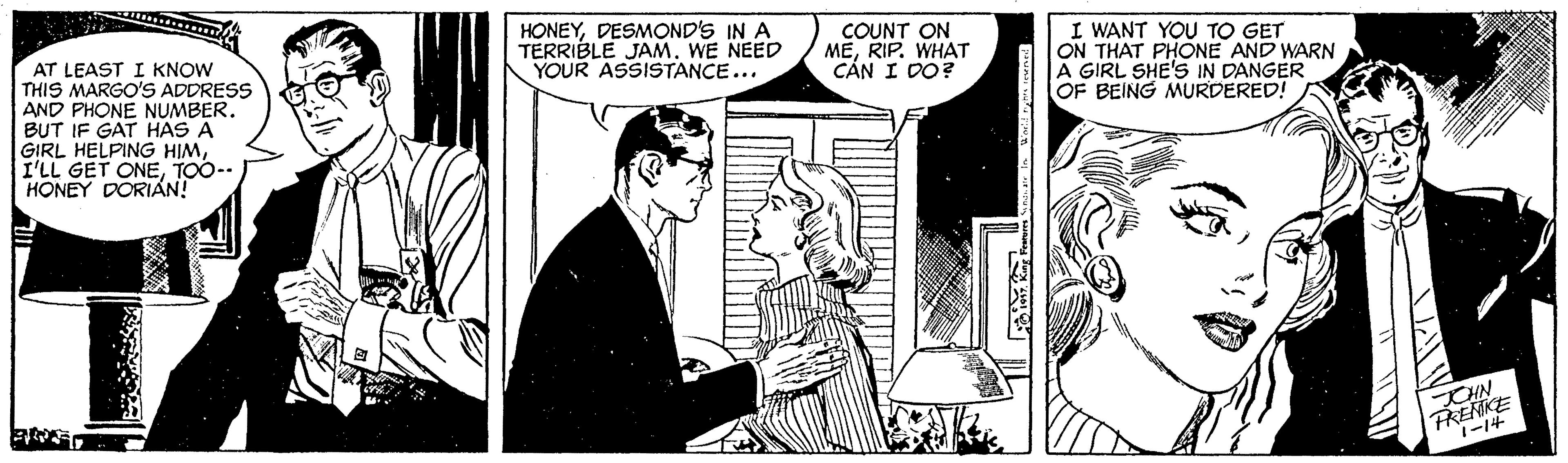 Comic book OCR: HONEYDESMOND'S IN A TERRIBLE JAMWE NEED YOUR ASSISTANCE... COUNT ON MERIP. WHAT CÁN I D0? I WANT YOU TO GET ON THAT PHONE AND WARN A GIRL SHE'S IN DANGER OF BEING MURDERED! AT LEAST I KNOW THIS MARGO'S ADDRESS AND PHONE NUMBER. BUT IF GAT HAS A GIRL HELPING HIMTOO-- HONEY DORIAN! CHN HONEYDESMOND'S IN A TERRIBLE JAMWE NEED YOUR ASSISTANCE... COUNT ON MERIP. WHAT CÁN I D0? I WANT YOU TO GET ON THAT PHONE AND WARN A GIRL SHE'S IN DANGER OF BEING MURDERED! AT LEAST I KNOW THIS MARGO'S ADDRESS AND PHONE NUMBER. BUT IF GAT HAS A GIRL HELPING HIMI'LL GET ONETOO-- HONEY DORIAN! CHN