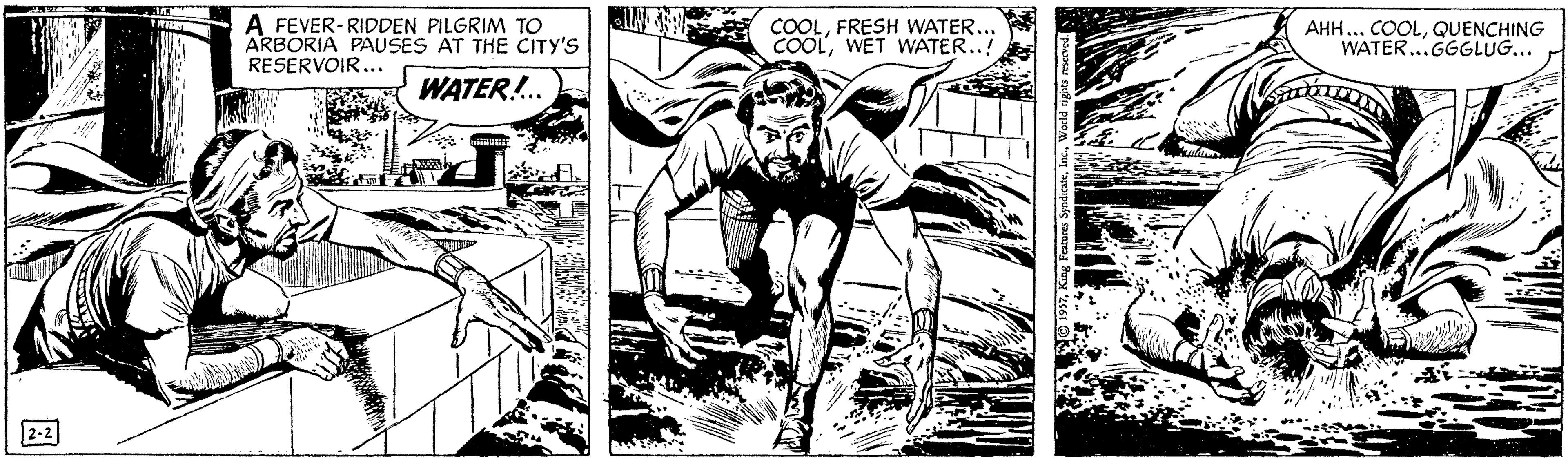 Drawing OCR: A FEVER-RIDDEN PILGRIM TO ARBORIA PAUSES AT THE CITY'S RESERVOIR... COOLFRESH WATER. COOLWET WATER..! AHH... COOLQUENCHING WATER..GGGLUG... WATER!.. 2-2 A FEVER-RIDDEN PILGRIM TO ARBORIA PAUSES AT THE CITY'S RESERVOIR... COOLFRESH WATER. COOLWET WATER..! AHH... COOLQUENCHING WATER..GGGLUG... WATER!.. 2-2