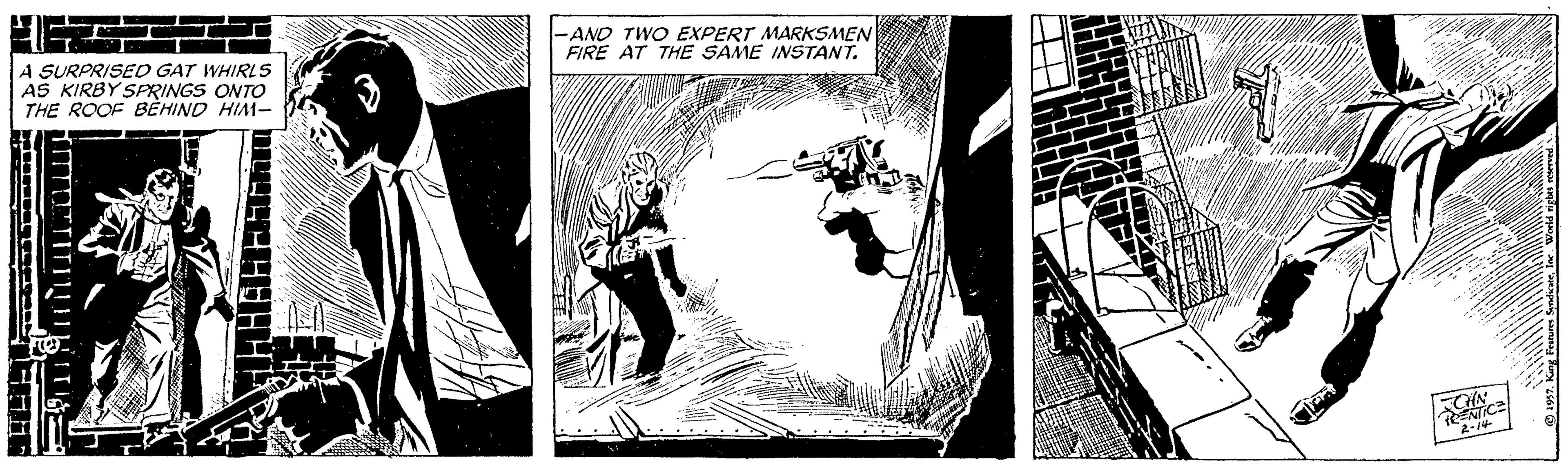 Parallel OCR: -AND TWO EXPERT MARKSMEN FIRE AT THE SAME INSTANT. A SURPRISED GAT WHIRLS AS KIRBY SPRINGS ONTO THE ROOF BÈHIND HIM- 2-1 -AND TWO EXPERT MARKSMEN FIRE AT THE SAME INSTANT. A SURPRISED GAT WHIRLS AS KIRBY SPRINGS ONTO THE ROOF BÈHIND HIM- 2-1