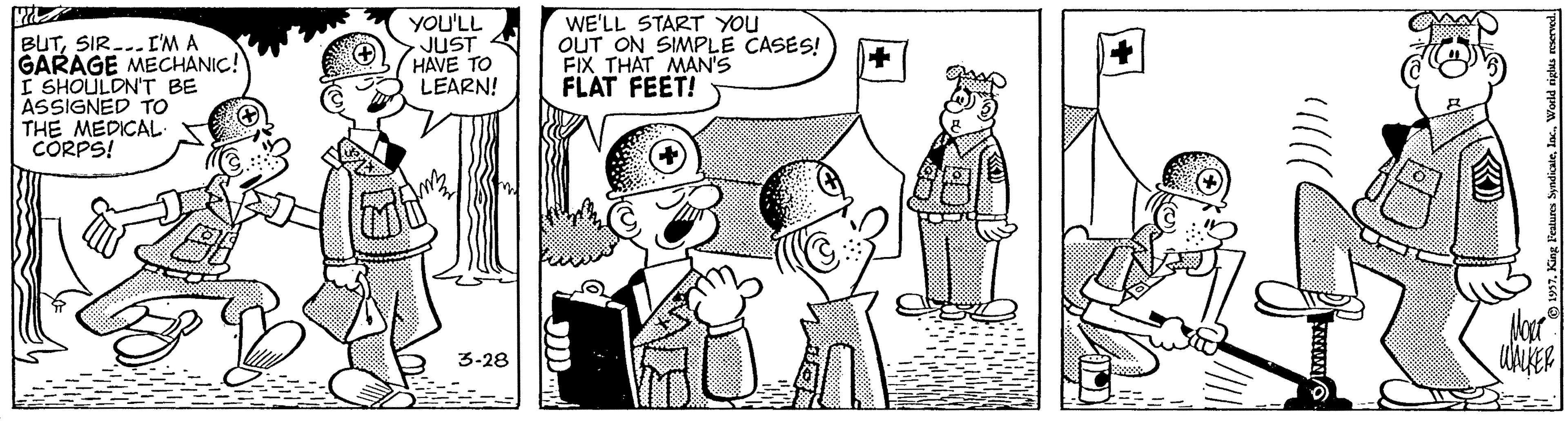 Black-and-white OCR: BUTSIR... I'M A GARAGE MECHANIC! I SHOULDN'T BE ASSIGNED TO THE MEDICAL CORPS! YOU'LL JUST HAVE TO LEARN! WE'LL START YOU OUT ON SIMPLE CASES! FIX THAT MAN'S FLAT FEET! 3-28 Ging. Peatures SyndicaleWorld rights reserved. BUTSIR... I'M A GARAGE MECHANIC! I SHOULDN'T BE ASSIGNED TO THE MEDICAL CORPS! YOU'LL JUST HAVE TO LEARN! WE'LL START YOU OUT ON SIMPLE CASES! FIX THAT MAN'S FLAT FEET! 3-28 Ging. Peatures SyndicaleWorld rights reserved.