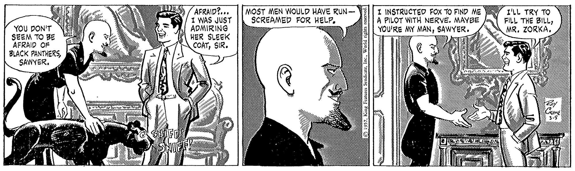 Cartoon OCR: / AFRAID?... 1 WAS JUST ADMIRING HER SLEEK COATSIR. I INSTRUCTED FOX TO FIND ME A PILOT WITH NERVE. MAYBE YOU'RE MY MANSAWYER. MOST MEN WOULD HAVE RUN- SCREAMED FOR HELP. I'LL TRY TO FILL THE BILLMR. ZORKA. YOU DON'T SEEM TO BE AFRAID OF BLACK PANTHERSSAWYER. 3-5 SHIE Q 1957. King Featurs SyndicateWorld rights reserve / AFRAID?... 1 WAS JUST ADMIRING HER SLEEK COATSIR. I INSTRUCTED FOX TO FIND ME A PILOT WITH NERVE. MAYBE YOU'RE MY MANSAWYER. MOST MEN WOULD HAVE RUN- SCREAMED FOR HELP. I'LL TRY TO FILL THE BILLMR. ZORKA. YOU DON'T SEEM TO BE AFRAID OF BLACK PANTHERSSAWYER. 3-5 SHIE Q 1957. King Featurs SyndicateWorld rights reserve