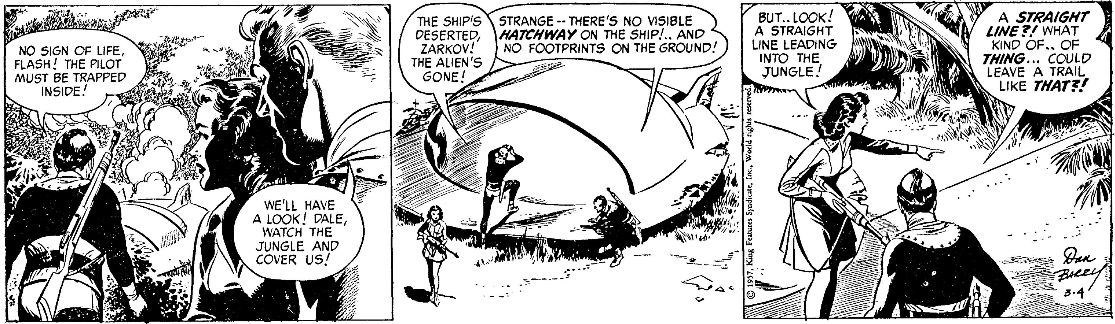 Monochrome OCR: NO SIGN OF LIFEFLASH! THE PILOT MUST BE TRAPPED INSIDE! THE SHIP'S DESERTEDZARKOV! THE ALIEN'S GONE! STRANGE -- THERE'S NO VISIBLE HATCHWAY ON THE SHIP!. AND NO FOOTPRINTS ON THE GROUND! BUT.. LOOK! A STRAIGHT LINE LEADING INTO THE JUNGLE! A STRAIGHT LINE ?! WHAT KIND OF.. OF THING... COULD LEAVE A TRAIL LIKE THAT?! WE'LL HAVE A LOOK! DALEWATCH THE JUNGLE AND COVER US! .....: 3.4 NO SIGN OF LIFEFLASH! THE PILOT MUST BE TRAPPED INSIDE! THE SHIP'S DESERTEDZARKOV! THE ALIEN'S GONE! STRANGE -- THERE'S NO VISIBLE HATCHWAY ON THE SHIP!. AND NO FOOTPRINTS ON THE GROUND! BUT.. LOOK! A STRAIGHT LINE LEADING INTO THE JUNGLE! A STRAIGHT LINE ?! WHAT KIND OF.. OF THING... COULD LEAVE A TRAIL LIKE THAT?! WE'LL HAVE A LOOK! DALEWATCH THE JUNGLE AND COVER US! .....: 3.4