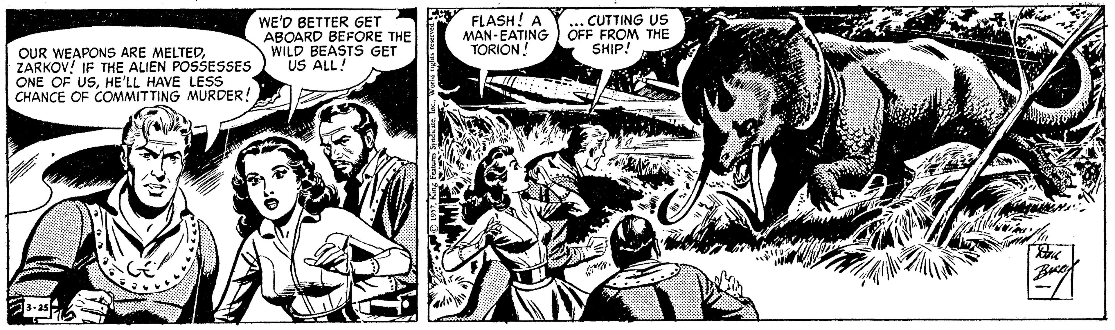 Line OCR: OUR WEAPONS ARE MELTEDZARKOV! IF THE ALIEN POSSESSES ONE OF USHE'LL HAVE LESS CHANCE OF COMMITTING MURDER! WE'D BETTER GET ABOARD BEFORE THE WILD BEASTS GET US ALL! FLASH! A MAN-EATING TORION! ... CUTTING US OFF FROM THE SHIP! Bre OUR WEAPONS ARE MELTEDZARKOV! IF THE ALIEN POSSESSES ONE OF USHE'LL HAVE LESS CHANCE OF COMMITTING MURDER! WE'D BETTER GET ABOARD BEFORE THE WILD BEASTS GET US ALL! FLASH! A MAN-EATING TORION! ... CUTTING US OFF FROM THE SHIP! Bre