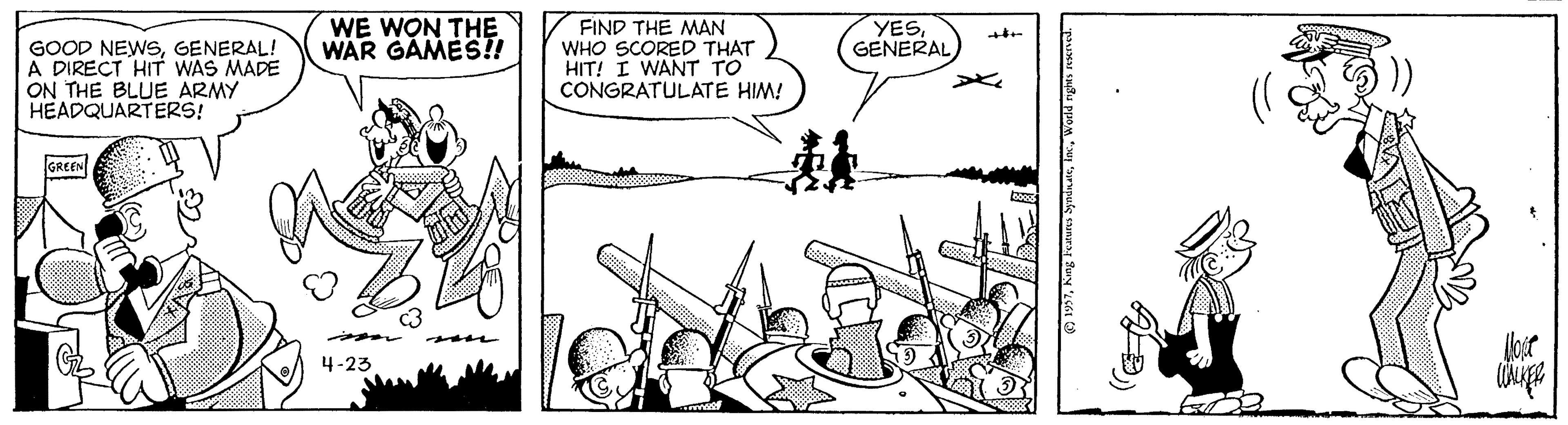 Line art OCR: WE WON THE WAR GAMES!! FIND THE MAN WHO SCORED THAT HIT! I WANT TO CONGRATULATE HIM! YES GENERAL GOOD NEWSGENERAL! A DIRECT HIT WAS MADE ON THE BLUE ARMY HEADQUARTERS! IGREEN 4-23 WE WON THE WAR GAMES!! FIND THE MAN WHO SCORED THAT HIT! I WANT TO CONGRATULATE HIM! YES GENERAL GOOD NEWSGENERAL! A DIRECT HIT WAS MADE ON THE BLUE ARMY HEADQUARTERS! IGREEN 4-23