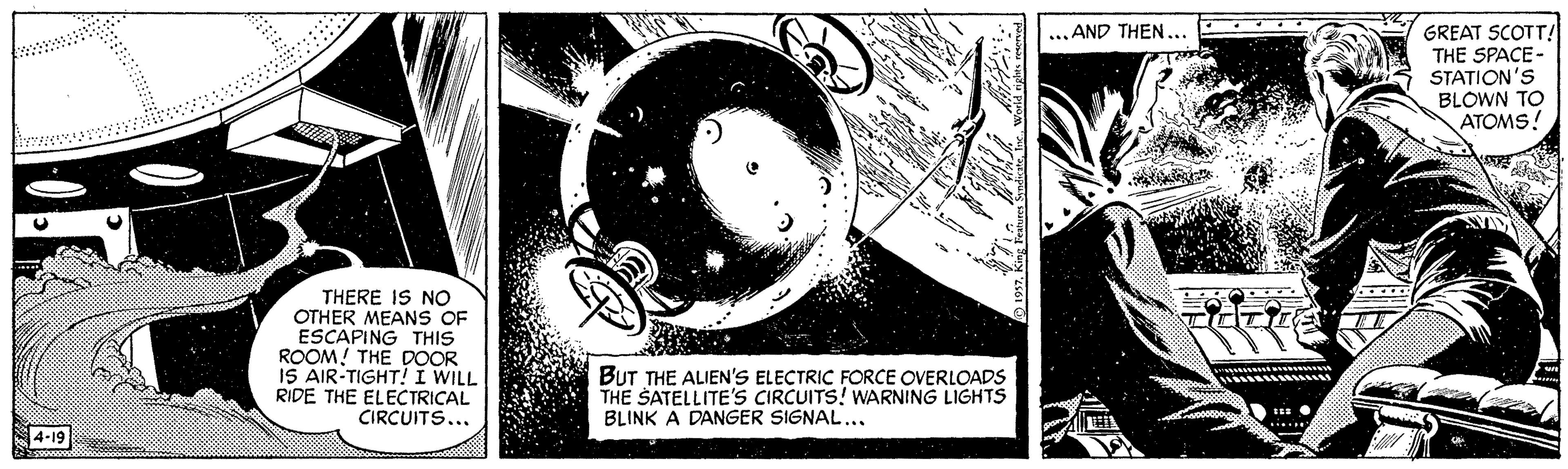 Graphic design OCR: GREAT SCOTT! THE SPACE- STATION'S BLOWN TO ATOMS! ...AND THEN... THERE IS NO OTHER MEANS OF ESCAPING THIS ROOM! THE DOOR IS AIR-TIGHT! I WILL RIDE THE ELECTRICAL CIRCUITS... BUT THE ALIEN'S ELECTRIC FORCE OVERLOADS THE SATELLITE'S CIRCUITS! WARNING LIGHTS BLINK A DANGER SIGNAL... GREAT SCOTT! THE SPACE- STATION'S BLOWN TO ATOMS! ...AND THEN... THERE IS NO OTHER MEANS OF ESCAPING THIS ROOM! THE DOOR IS AIR-TIGHT! I WILL RIDE THE ELECTRICAL CIRCUITS... BUT THE ALIEN'S ELECTRIC FORCE OVERLOADS THE SATELLITE'S CIRCUITS! WARNING LIGHTS BLINK A DANGER SIGNAL...
