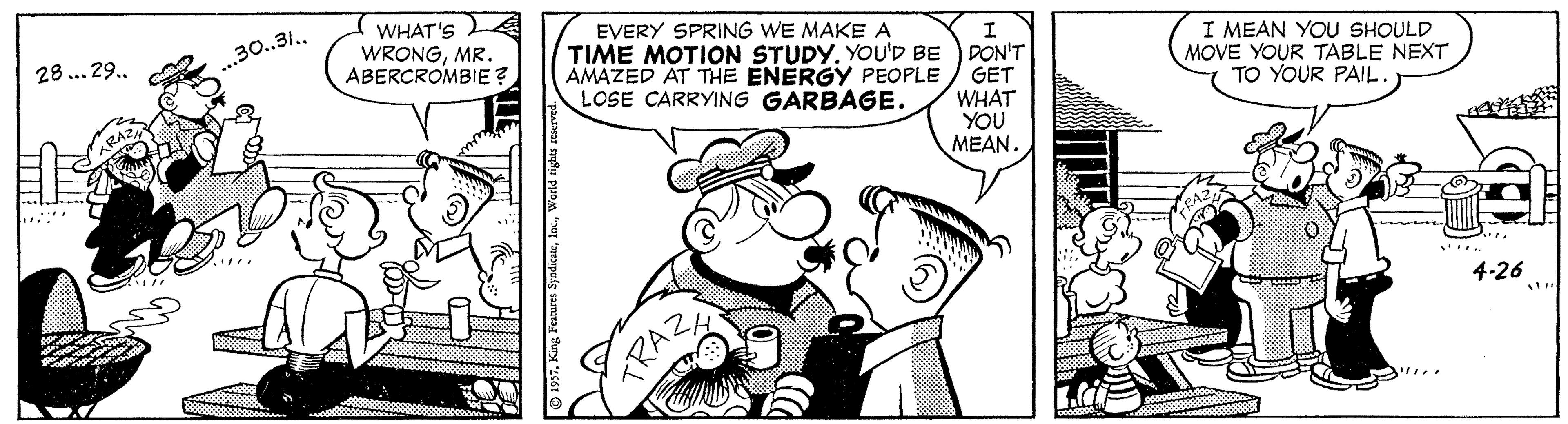 Style OCR: WHAT'S WRONGMR. ABERCROMBIE ? EVERY SPRING WE MAKE A TIME MOTION STUDY. YOU'D BE AMAZED AT THE ENERGY PEOPLE LOSE CARRYING GARBAGE. I MEAN YOU SHOULD MOVE YOUR TABLE NEXT TO YOUR PAIL 28... 29. ...30.31.. DON'T GET WHAT YOU MEAN. 4-26 ... TRA WHAT'S WRONGMR. ABERCROMBIE ? EVERY SPRING WE MAKE A TIME MOTION STUDY. YOU'D BE AMAZED AT THE ENERGY PEOPLE LOSE CARRYING GARBAGE. I MEAN YOU SHOULD MOVE YOUR TABLE NEXT TO YOUR PAIL 28... 29. ...30.31.. DON'T GET WHAT YOU MEAN. 4-26 ... TRA