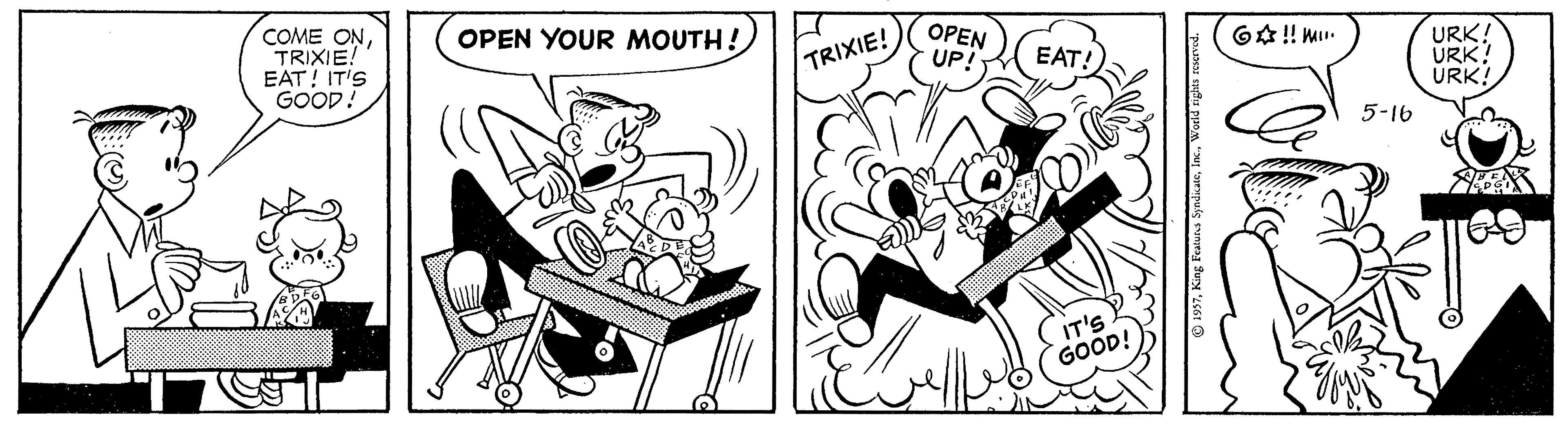 Gesture OCR: COME ONTRIXIE! EAT! IT'S GOOD! OPEN YOUR MOUTH! TRIXIE! OPEN UP! 6?!! EAT! URK! URK! ÚRK! 5-16 IT'S GOOD! COME ONTRIXIE! EAT! IT'S GOOD! OPEN YOUR MOUTH! TRIXIE! OPEN UP! 6 ? !! EAT! URK! URK! ÚRK! 5-16 IT'S GOOD!
