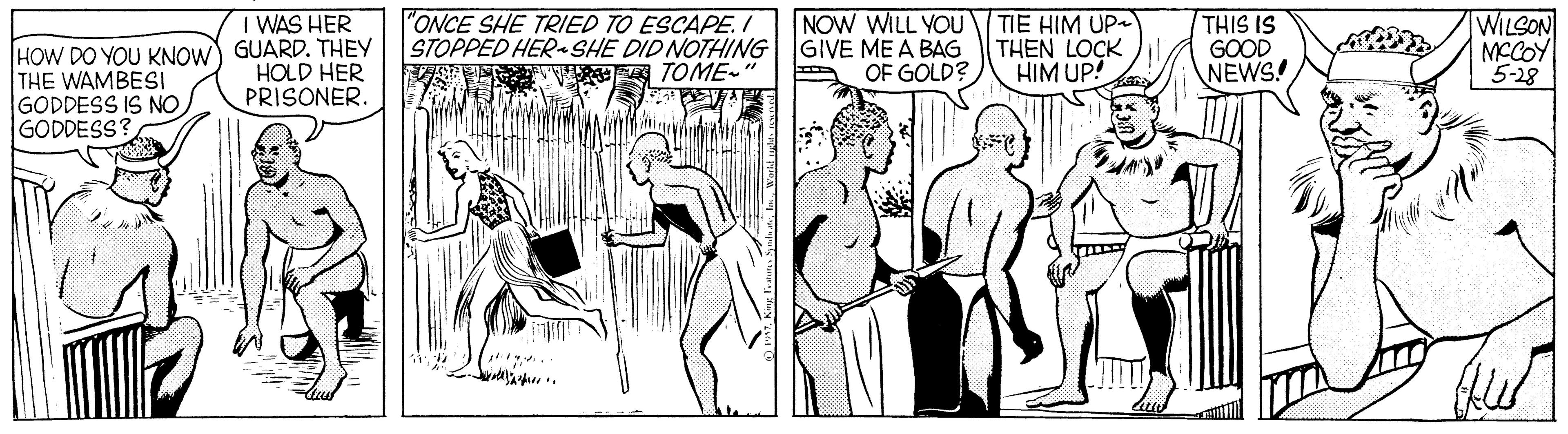Sleeve OCR: "ONCE SHE TRIED TO ESCAPE. / STOPPED HER SHE DID NOTHING GIVE ME A BAG THEN LOCK E V TOME~" I WAS HER NOW WILL YOU TIE HIM UP THIS IS GOOD NEWS! WILSON MCCOY 5-28 HOW DO YOU KNOW) GUARD. THEY THE WAMBESI GODDESS IS NO GODDESS HOLD HER PRISONER. OF GOLD? HIM UP! "ONCE SHE TRIED TO ESCAPE. / STOPPED HER SHE DID NOTHING GIVE ME A BAG THEN LOCK E V TOME~" I WAS HER NOW WILL YOU TIE HIM UP THIS IS GOOD NEWS! WILSON MCCOY 5-28 HOW DO YOU KNOW) GUARD. THEY THE WAMBESI GODDESS IS NO GODDESS HOLD HER PRISONER. OF GOLD? HIM UP!