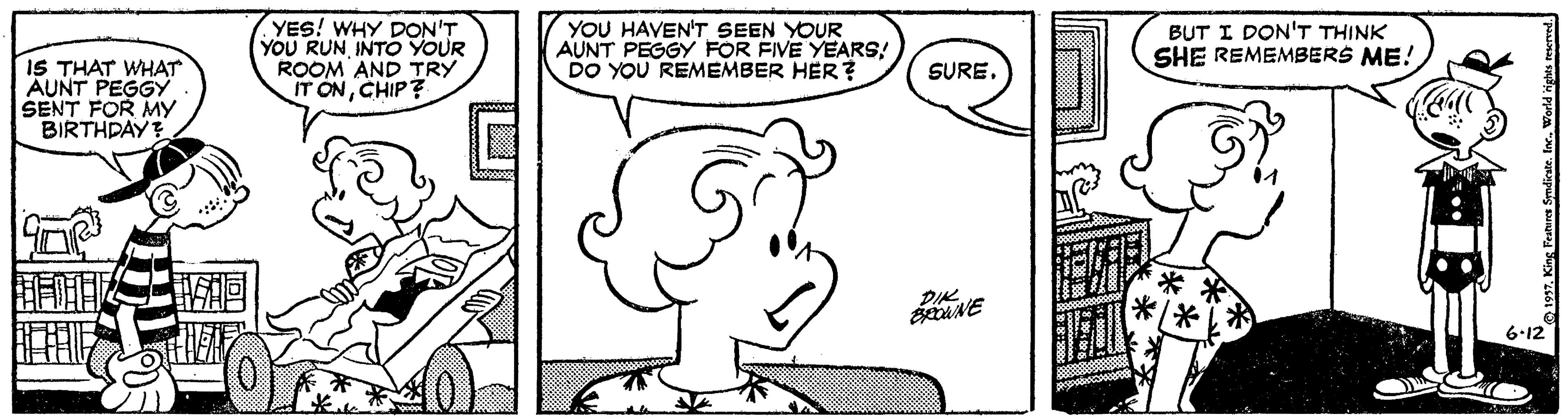 Black OCR: IS THAT WHAT AUNT PEGGY SENT FOR MY BIRTHDAY? YES! WHY DON'T YOU RUN INTO YOUR ROOM AND TRY IT ONCHIP? YOU HAVEN'T SEEN YOUR AUNT PEGGY FOR FIVE YEARS! DO YOU REMEMBER HER? BUT I DON'T THINK SHE REMEMBERS ME! SURE. DIK 6-12 7. King Teanue Smdicate. Inc. IS THAT WHAT AUNT PEGGY SENT FOR MY BIRTHDAY? YES! WHY DON'T YOU RUN INTO YOUR ROOM AND TRY IT ONCHIP? YOU HAVEN'T SEEN YOUR AUNT PEGGY FOR FIVE YEARS! DO YOU REMEMBER HER? BUT I DON'T THINK SHE REMEMBERS ME! SURE. DIK 6-12 7. King Teanue Smdicate. Inc.