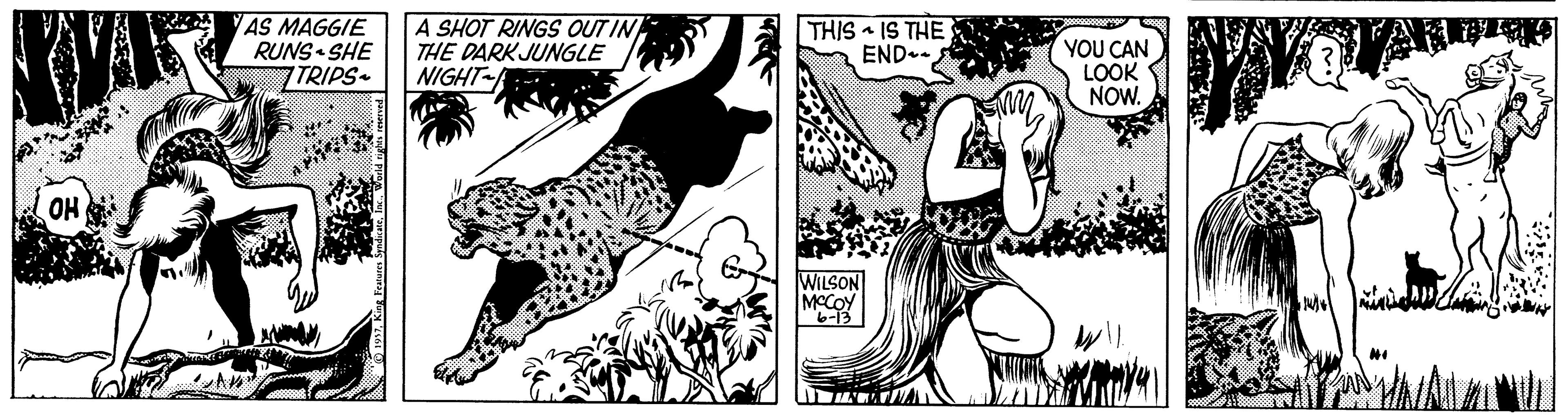 Rectangle OCR: AS MAGGIE RUNS SHE 7TRIPS A SHOT RINGS OUT IN THE DARK JUNGLE NIGHT- THIS IS THE END. YOU CAN LOOK NOW. OH WILSON MCCOY AS MAGGIE RUNS SHE 7TRIPS A SHOT RINGS OUT IN THE DARK JUNGLE NIGHT- THIS IS THE END. YOU CAN LOOK NOW. OH WILSON MCCOY