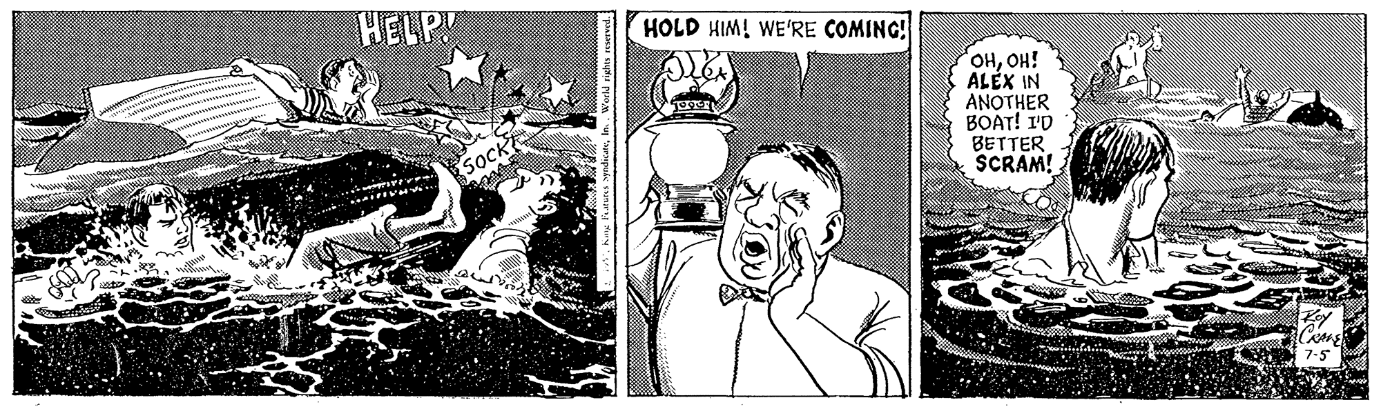 Art OCR: HELP HOLD HIM! WE'RE COMING! HOH! ALÉX IN ANOTHER BOAT! I'D BETTER SCRAM! SOCK HELP HOLD HIM! WE'RE COMING! HOH! ALÉX IN ANOTHER BOAT! I'D BETTER SCRAM! SOCK