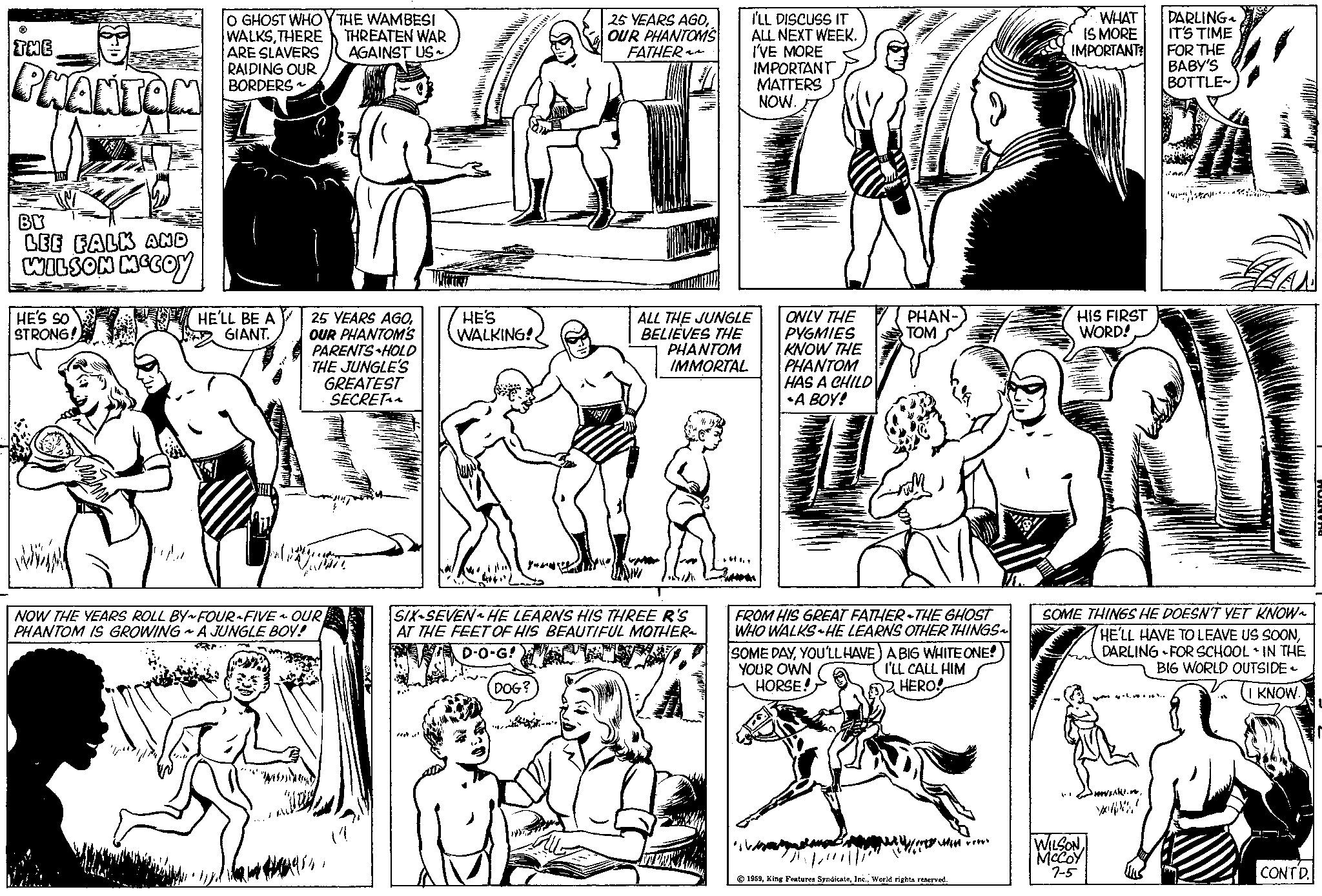 Organism OCR: ? THE PHANTOM BY LEE FALK AND WILSON MCCOY HE'S SO STRONG! www O GHOST WHOYTHE WAMBESI WALKSTHERE THREATEN WAR ARE SLAVERS AGAINST US~ RAIDING OUR BORDERS~ HE'LL BE A GIANT. 25 YEARS AGOOUR PHANTOM'S PARENTS HOLD THE JUNGLE'S GREATEST SECRETA ali UNITE NOW THE YEARS ROLL BY~FOUR FIVE ~ OURPHANTOM IS GROWINGA JUNGLE BOY! Muy HE'S WALKING! 1000 SIX-SEVEN HE LEARNS HIS THREE R'S AT THE FEET OF HIS BEAUTIFUL MOTHER D-O-G! DOG? 25 YEARS AGOOUR PHANTOMS FATHER~~ ORL I'LL DISCUSS IT ALL NEXT WEEK. I'VE MORE IMPORTANT MATTERS NOW. ALL THE JUNGLE BELIEVES THE PHANTOM IMMORTAL ONLY THE PYGMIES KNOW THE PHANTOM HAS A CHILD •A BOY! *** PHAN- TOM FROM HIS GREAT FATHER-THE GHOST WHO WALKS HE LEARNS OTHER THINGS SOME DAYYOU'LL HAVE) A BIG WHITE ONE! YOUR OWN I'LL CALL HIM HORSE! HERO! Il r © 1959World rights reserved. WHAT IS MORE IMPORTANT? HIS FIRST WORD! SOME THINGS HE DOESN'T YET KNOW~ HE'LL HAVE TO LEAVE US SOONDARLING FOR SCHOOL IN THE BIG WORLD OUTSIDE ~ I KNOW. WILSONMcCoy 7-5 DARLING IT'S TIME FOR THE BABY'S BOTTLE PA you..... -HOUSANI.. CONT D. ? THE PHANTOM BY LEE FALK AND WILSON MCCOY HE'S SO STRONG ! www O GHOST WHOYTHE WAMBESI WALKSTHERE THREATEN WAR ARE SLAVERS AGAINST US ~ RAIDING OUR BORDERS ~ HE'LL BE A GIANT . 25 YEARS AGOOUR PHANTOM'S PARENTS HOLD THE JUNGLE'S GREATEST SECRETA ali UNITE NOW THE YEARS ROLL BY ~ FOUR FIVE ~ OURPHANTOM IS GROWINGA JUNGLE BOY ! Muy HE'S WALKING ! 1000 SIX - SEVEN HE LEARNS HIS THREE R'S AT THE FEET OF HIS BEAUTIFUL MOTHER D - O - G ! DOG ? 25 YEARS AGOOUR PHANTOMS FATHER ~~ ORL I'LL DISCUSS IT ALL NEXT WEEK . I'VE MORE IMPORTANT MATTERS NOW . ALL THE JUNGLE BELIEVES THE PHANTOM IMMORTAL ONLY THE PYGMIES KNOW THE PHANTOM HAS A CHILD • A BOY ! *** PHAN TOM FROM HIS GREAT FATHER - THE GHOST WHO WALKS HE LEARNS OTHER THINGS SOME DAYYOU'LL HAVE ) A BIG WHITE ONE ! YOUR OWN I'LL CALL HIM HORSE ! HERO ! Il r © 1959King Features SyndicateWorld rights reserved . WHAT IS MORE IMPORTANT ? HIS FIRST WORD ! SOME THINGS HE DOESN'T YET KNOW ~ HE'LL HAVE TO LEAVE US SOONDARLING FOR SCHOOL IN THE BIG WORLD OUTSIDE ~ I KNOW . WILSONMcCoy 7-5 DARLING IT'S TIME FOR THE BABY'S BOTTLE PA you ..... -HOUSANI .. CONT D.