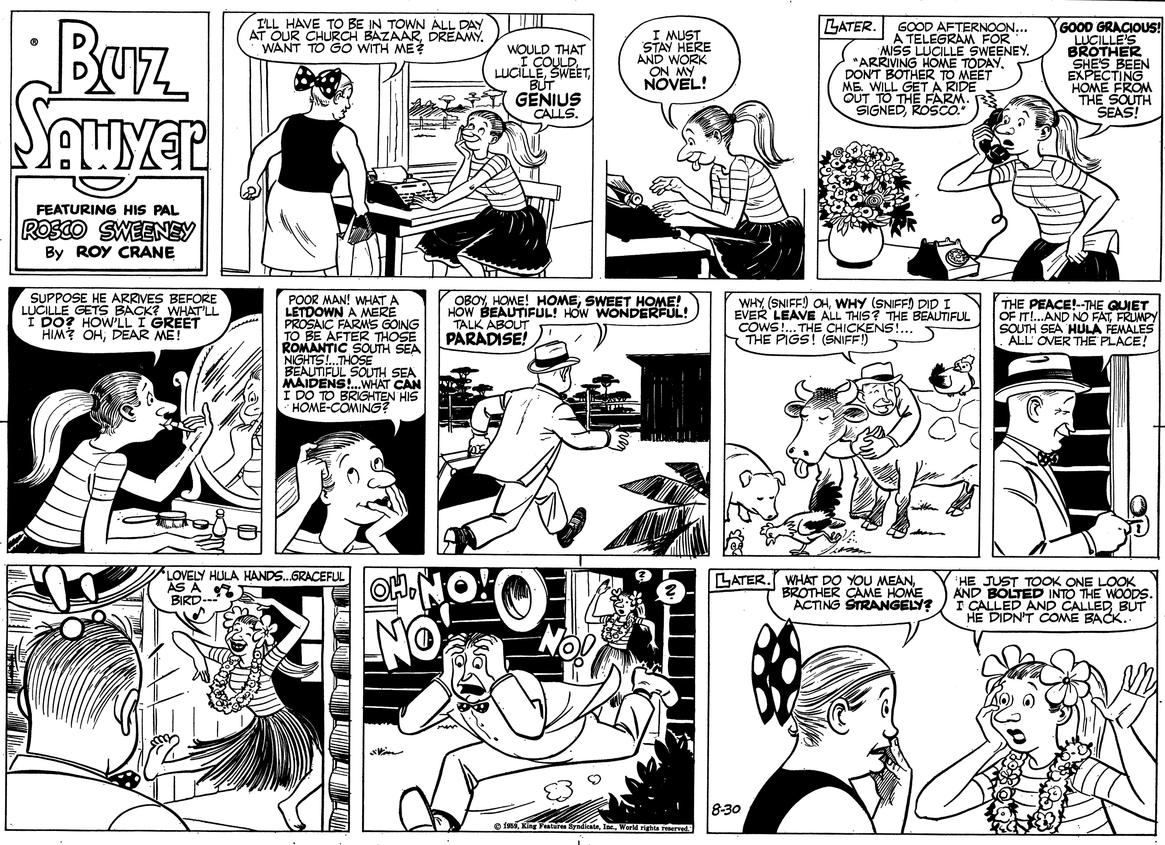 Mammal OCR: TO GOBAZAARDREAMY. POOR MAN! WAERE SOMANTIC ER THOSE ILL HAVE TO BE IN TOWN ÁLL DAY AT OUR WANT Buz Seuyer GOOD GRACIOUS! LUCILLE'S BROTHER SHE'S BEEN EXPECTING HOME FROM THE SOUTH SEAS! LATER. I MUST STAY HERE AND WORK ON MY NOVEL! GOOD AFTERNOON... A TELEGRAM FOR MISS LUCILLE SWEENEY. "ARRIVING HOME TODAY. DON'T BOTHER TO MEET ME. WILL GETA RIDE OUT TO THE FARM SIGNEDROSCO. 5WITH ME WOULD THAT BUT GENIUS CALLS. FEATURING HIS PAL ROSCO SWEENEY By ROY CRANE SUPPOSE HE ARRIVES BEFORE LUCILLE GETS BACK? WHAT'LL I DO? HOW'LL I GREET HIM? OHDEAR ME! LETDOWN A M PROSAIC FARMS GOING OBOYSWEET HOME! HOW BEAUTIFUL! HOW WONDERFUL! TALK ABOUT PARADISE! WHY (SNIFF) OHWHY (SNIFF) DID I EVER LEAVE ALL THIS? THE BEAUTIFUL COWS!. THE CHICKENS!... THE PIGS! (SNIFF!) THE PEACE!-THE QUIET OF IT!..AND NO FAT FRUMPY SOUTH SEA HULA FEMALES ALL OVER THE PLACE! SOUTH SEA NIGHTS!.THOSE BEAUTIFUL SOUTH SEA MAIDENS!.WHAT CAN I DO TO BRIGHTEN HIS HOME-COMING? LOVELY HULA HANDS.GRACEFUL AS A BIRD-- OH.NO LATER. WHAT DO YOU MEANBROTHER CAME HOME ACTING STRANGELY? HE JUST TOOK ONE LOOK AND BOLTED INTO THE WOODS. I CALLED AND CALLEDBUT HE DIDN'T COME BACK. NO 8-30 e tmiWorldFirale reeredS TO GOBAZAARDREAMY. POOR MAN! WAERE SOMANTIC ER THOSE ILL HAVE TO BE IN TOWN ÁLL DAY AT OUR WANT Buz Seuyer GOOD GRACIOUS! LUCILLE'S BROTHER SHE'S BEEN EXPECTING HOME FROM THE SOUTH SEAS! LATER. I MUST STAY HERE AND WORK ON MY NOVEL! GOOD AFTERNOON... A TELEGRAM FOR MISS LUCILLE SWEENEY. "ARRIVING HOME TODAY. DON'T BOTHER TO MEET ME. WILL GETA RIDE OUT TO THE FARM SIGNEDROSCO. 5WITH ME WOULD THAT BUT GENIUS CALLS. FEATURING HIS PAL ROSCO SWEENEY By ROY CRANE SUPPOSE HE ARRIVES BEFORE LUCILLE GETS BACK? WHAT'LL I DO? HOW'LL I GREET HIM? OHDEAR ME! LETDOWN A M PROSAIC FARMS GOING OBOYHOME! HOMESWEET HOME! HOW BEAUTIFUL! HOW WONDERFUL! TALK ABOUT PARADISE! WHY (SNIFF) OHWHY (SNIFF) DID I EVER LEAVE ALL THIS? THE BEAUTIFUL COWS!. THE CHICKENS!... THE PIGS! (SNIFF!) THE PEACE!-THE QUIET OF IT!..AND NO FAT FRUMPY SOUTH SEA HULA FEMALES ALL OVER THE PLACE! SOUTH SEA NIGHTS!.THOSE BEAUTIFUL SOUTH SEA MAIDENS!.WHAT CAN I DO TO BRIGHTEN HIS HOME-COMING? LOVELY HULA HANDS.GRACEFUL AS A BIRD-- OH.NO LATER. WHAT DO YOU MEANBROTHER CAME HOME ACTING STRANGELY? HE JUST TOOK ONE LOOK AND BOLTED INTO THE WOODS. I CALLED AND CALLEDBUT HE DIDN'T COME BACK. NO 8-30 e tmiKing ear rndicateWorldFirale reeredS