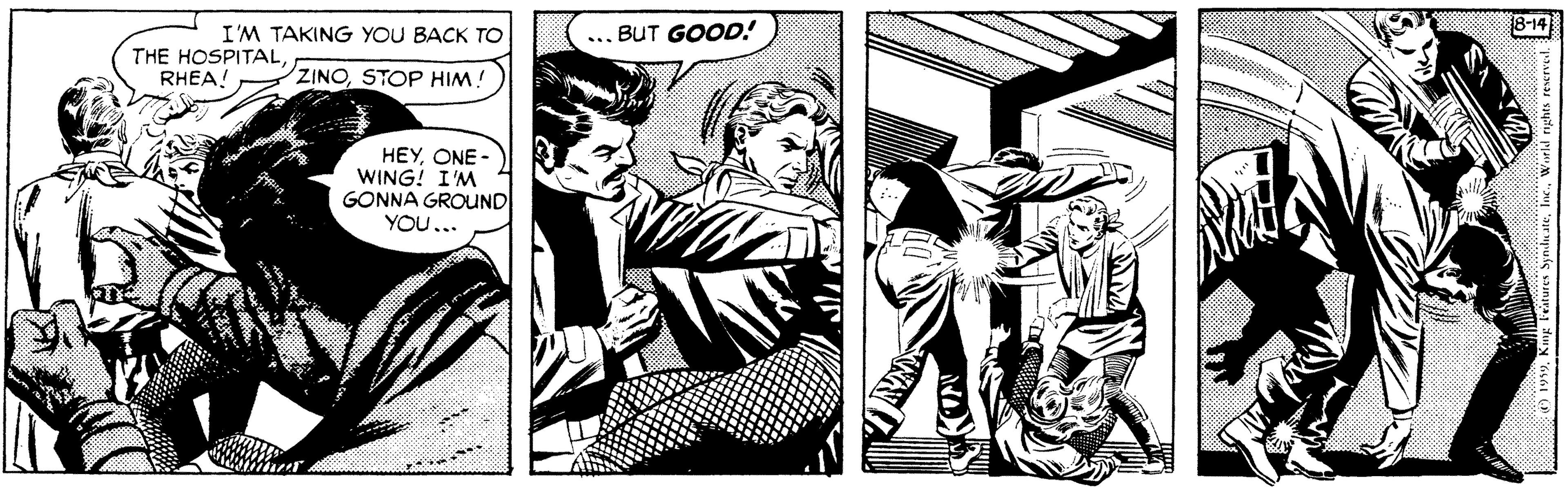 Monochrome OCR: I'M TAKING YOU BACK TO ... BUT GOOD! 8-14 THE HOSPITALRHEA! ZINOSTOP HIM! HEYONE - WING! I'M GONNA GROUND YOU... I'M TAKING YOU BACK TO ... BUT GOOD! 8-14 THE HOSPITALRHEA! ZINOSTOP HIM! HEYONE - WING! I'M GONNA GROUND YOU...