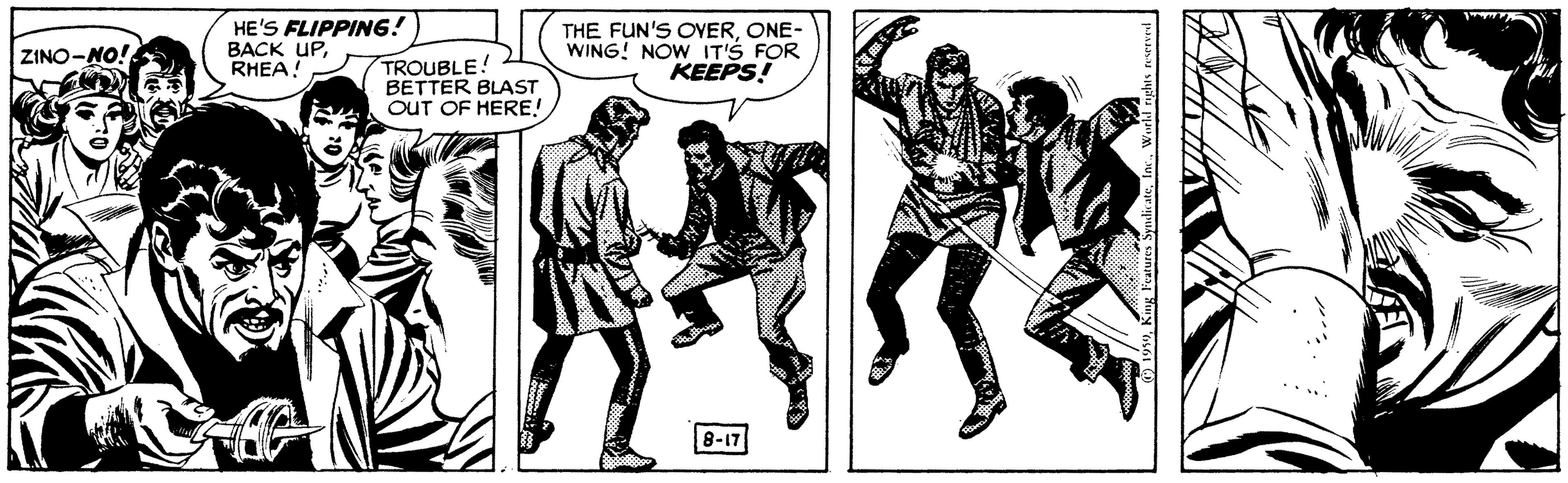Line OCR: HE'S FLIPPING! BACK UPRHEA! THE FUN'S CVERONE- WING! NOW IT'S FOR KEEPS! ZINO-NO! TROUBLE! BETTER BLAST OUT OF HERE! 8-17 HE'S FLIPPING! BACK UPRHEA! THE FUN'S CVERONE- WING! NOW IT'S FOR KEEPS! ZINO-NO! TROUBLE! BETTER BLAST OUT OF HERE! 8-17