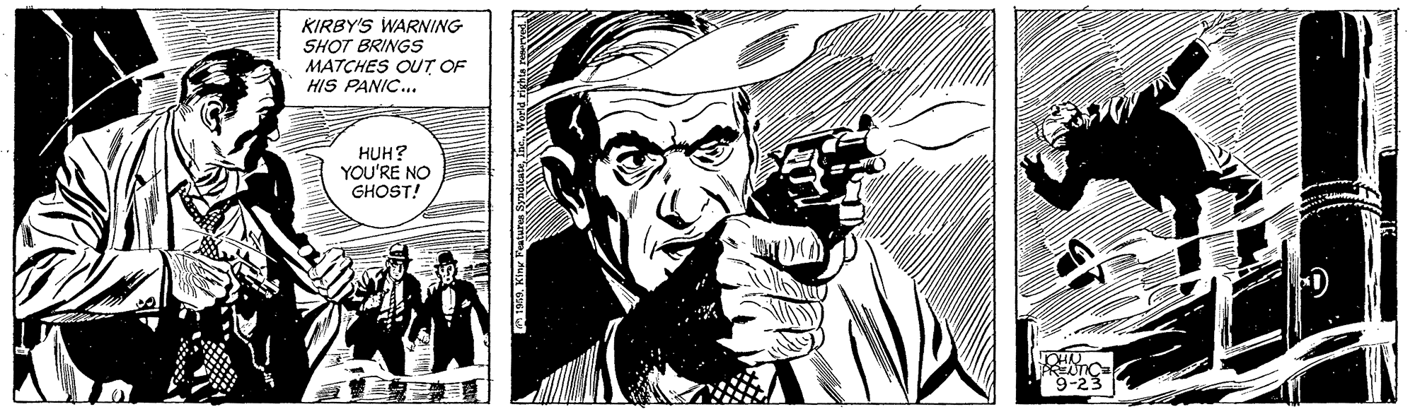 Line art OCR: KIRBY'S WARNING SHOT BRINGS MATCHES OUT OF HIS PANIC... HUH? YOU'RE NO GHOST! KIRBY'S WARNING SHOT BRINGS MATCHES OUT OF HIS PANIC... HUH? YOU'RE NO GHOST!