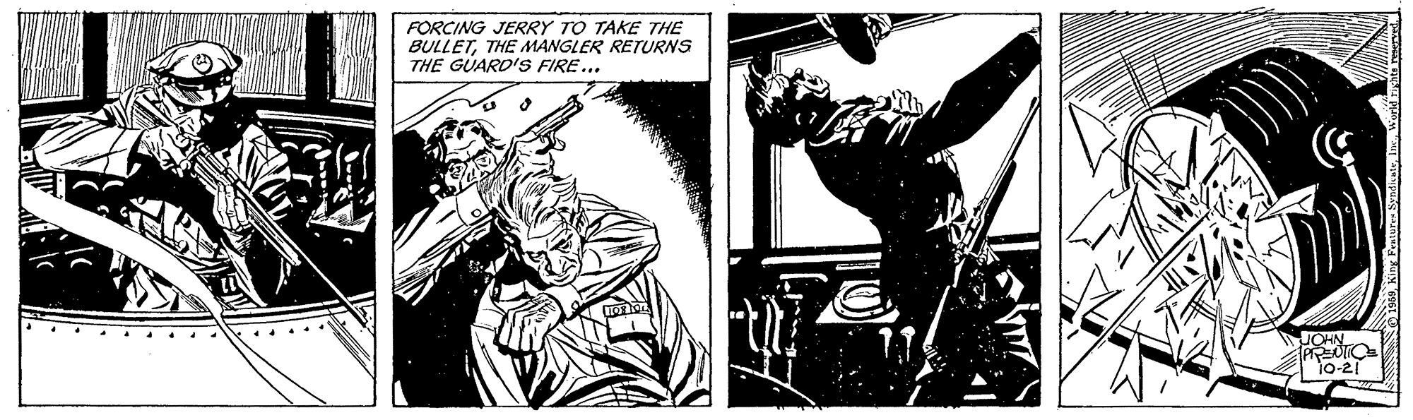 Drawing OCR: FORCING JERRY TO TAKE THE BULLETTHE MANGLER RETURNS THE GUARD'S FIRE... 10-21 FORCING JERRY TO TAKE THE BULLETTHE MANGLER RETURNS THE GUARD'S FIRE... 10-21